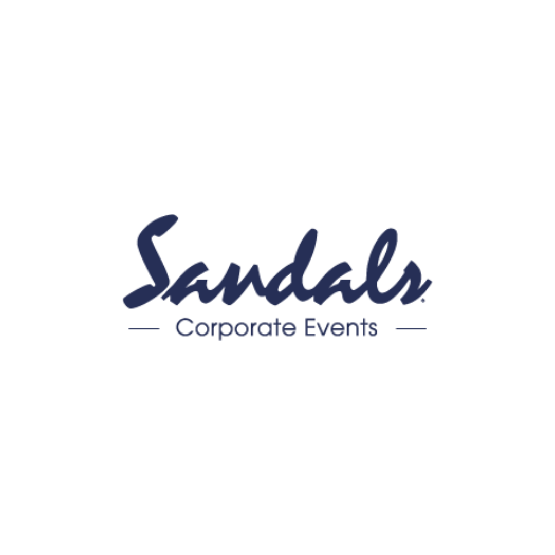 Logo for Sandals Corporate Events with the word 'Sandals' in cursive font and 'Corporate Events' below it in a simpler font, separated by two horizontal lines.