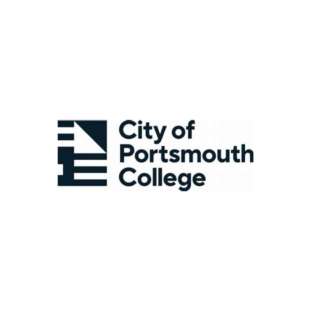 Logo of City of Portsmouth College with abstract navy blue design and text