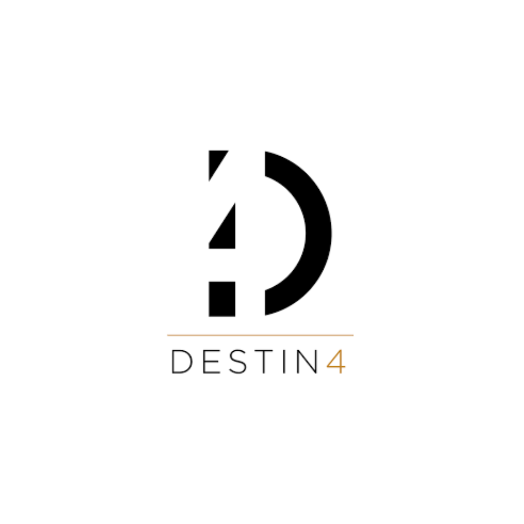 Logo for DESTIN4 featuring a black question mark and a stylized number 4 with the text 'DESTIN4' beneath.
