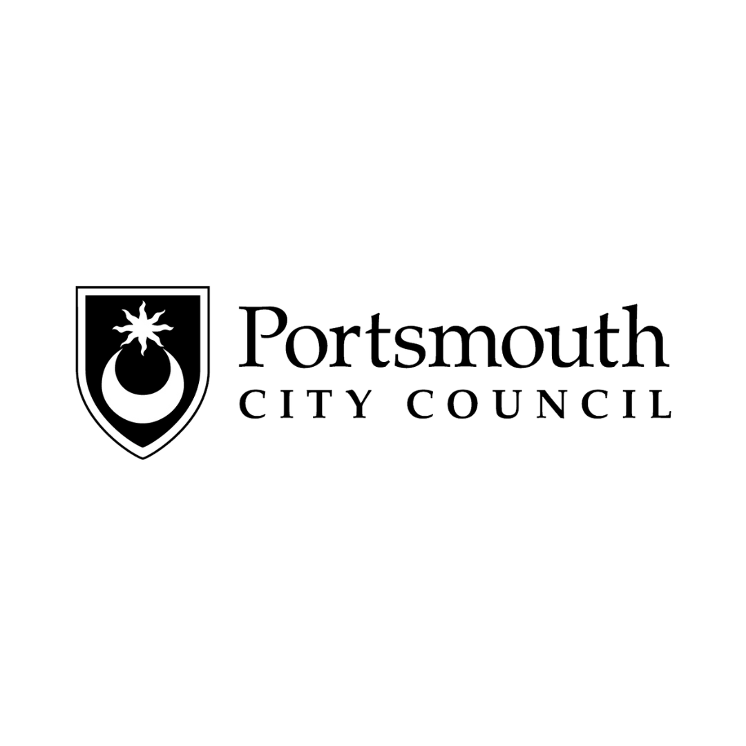 Black and white logo of Portsmouth City Council with a shield emblem featuring a stylized star and crescent design.