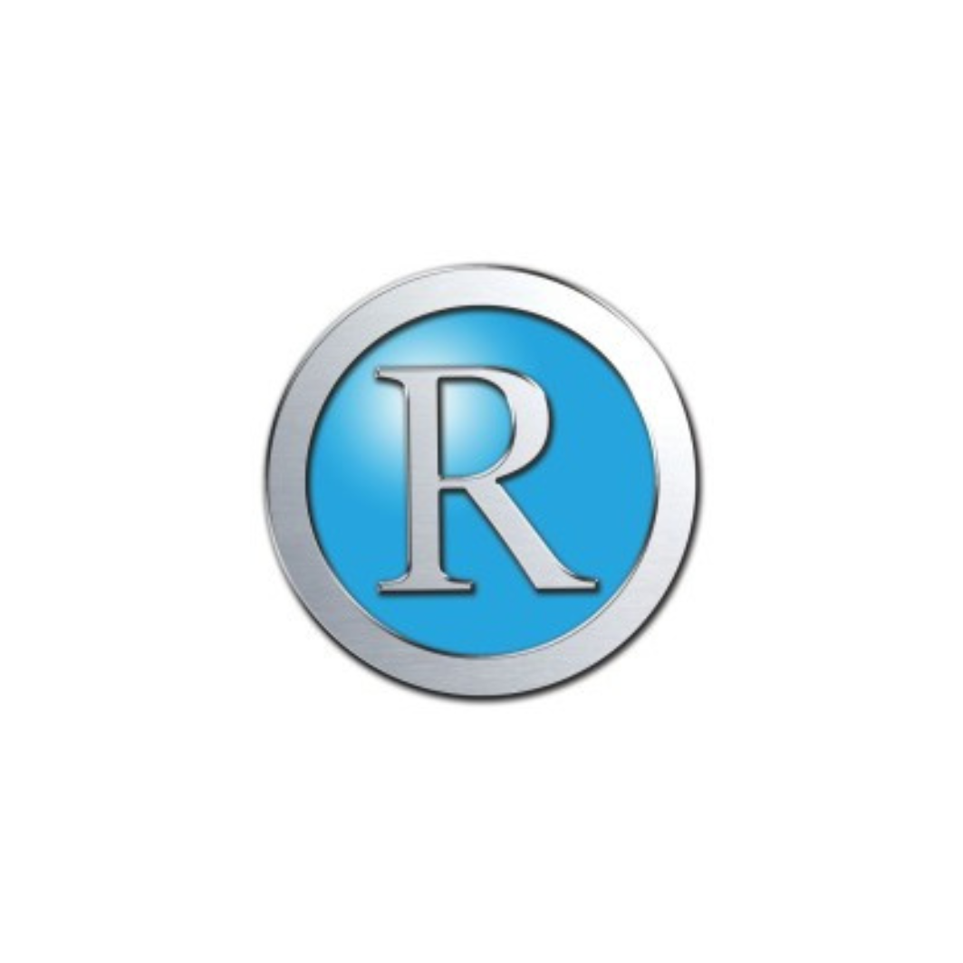 A blue circular logo with a silver border and a silver letter R in the center.