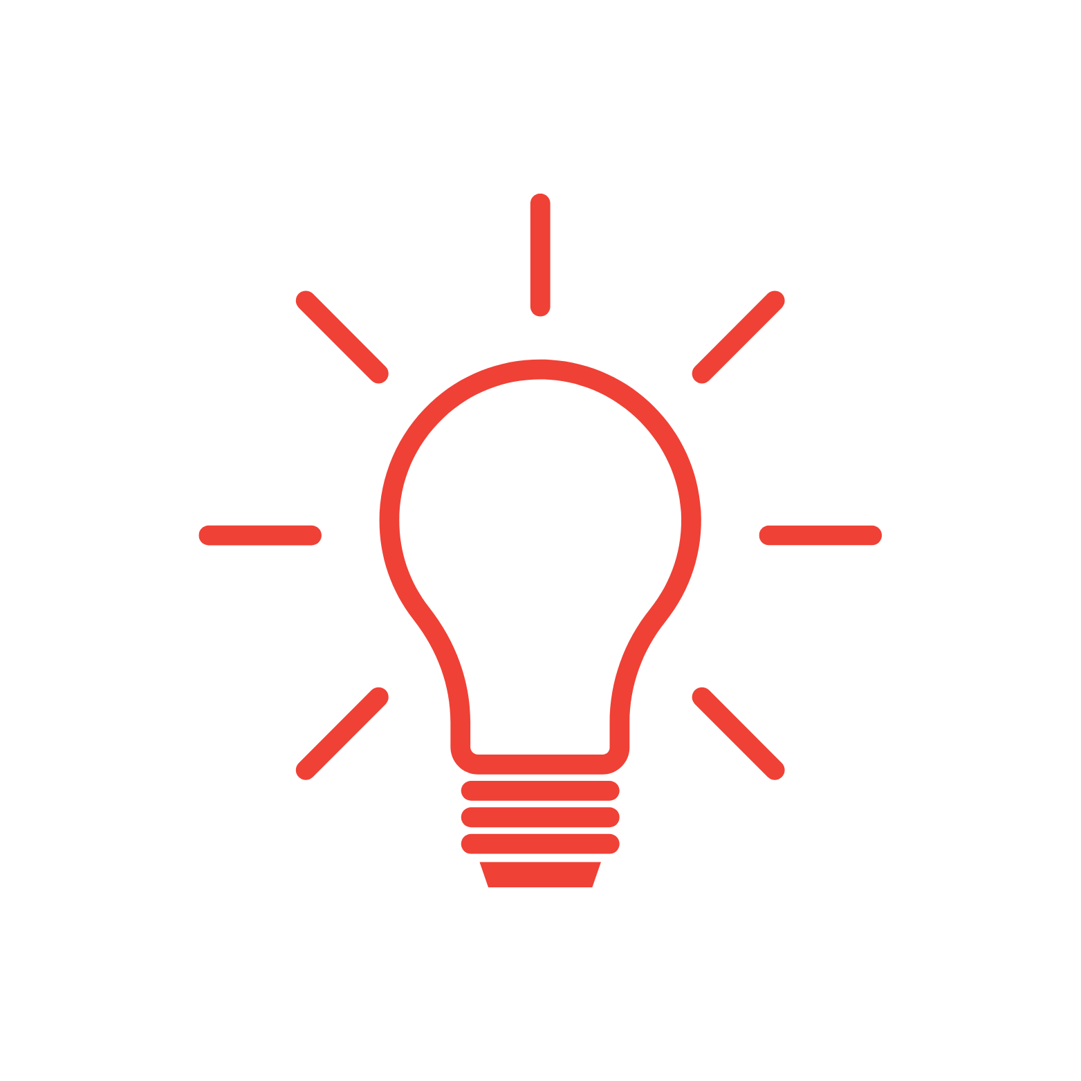 Red outline of a light bulb with rays of light emanating from it, symbolizing ideas or innovation.