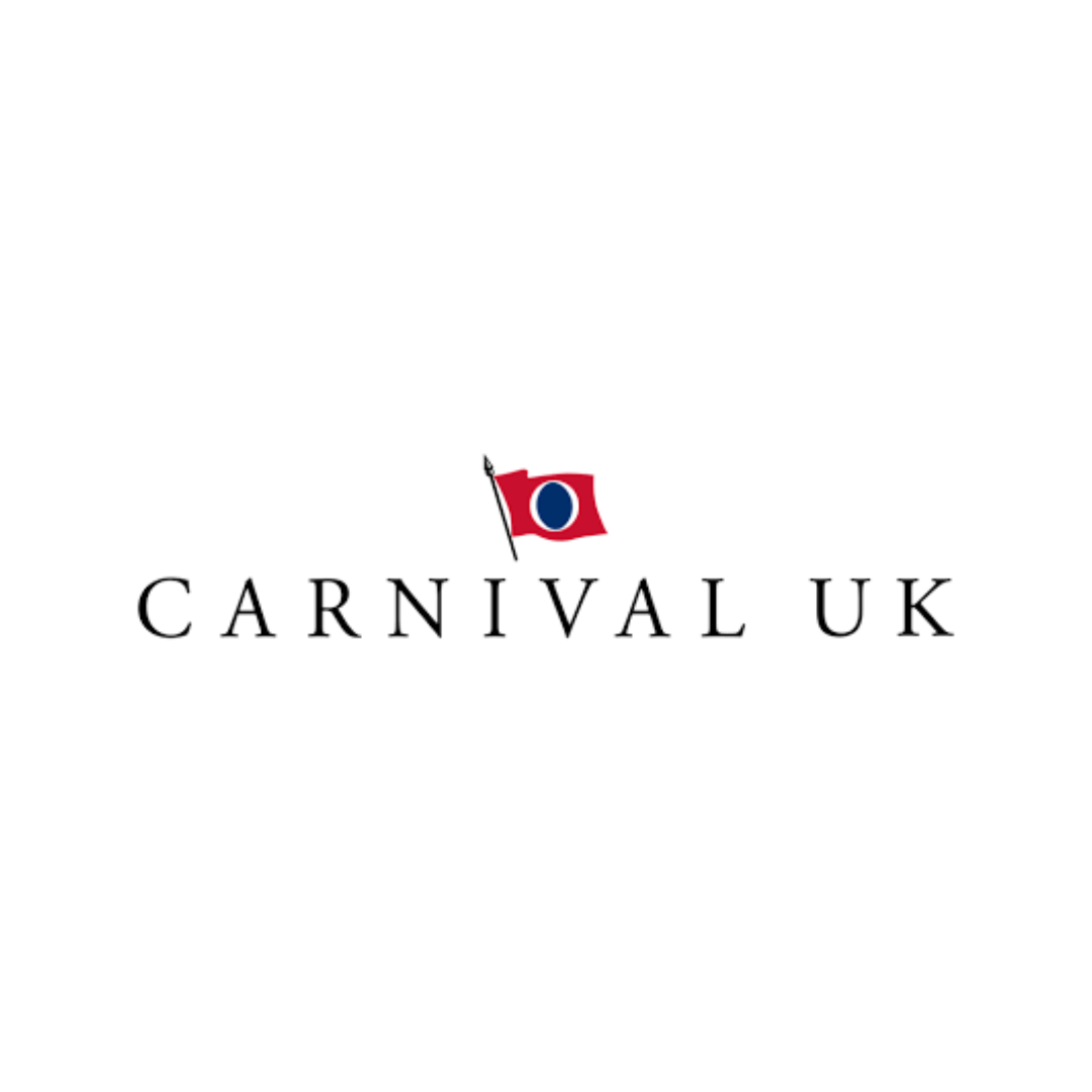 CARNIVAL UK logo with a small red flag featuring a central blue circle and a black pole, on a white background.