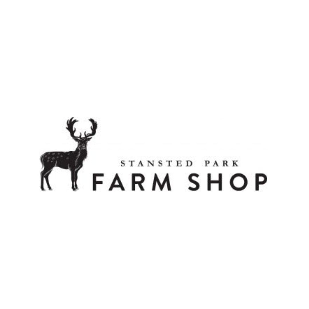 Black deer on the left with Stansted Park Farm Shop aligned to the right.