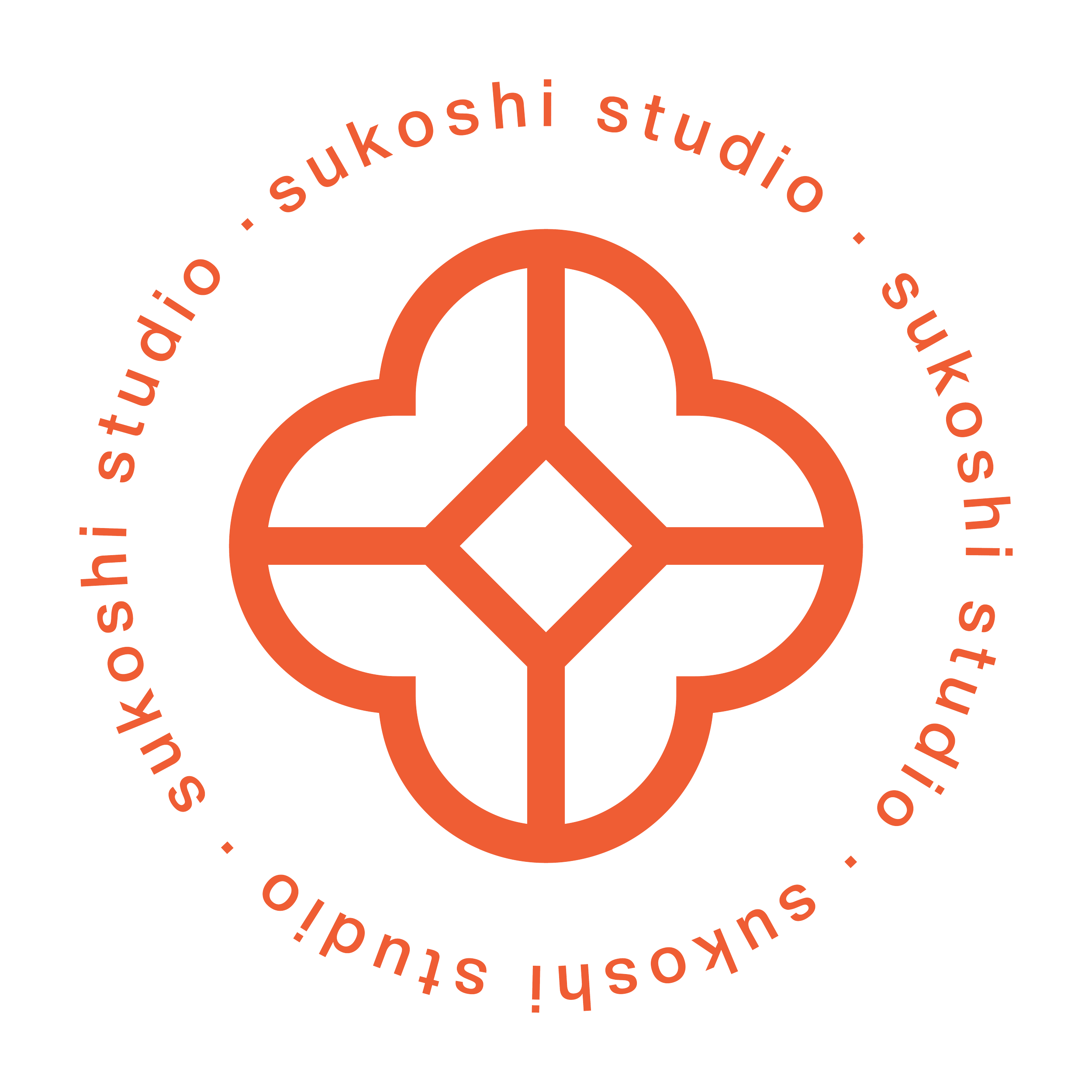 A logo with an orange floral shape and the words 'sukoshi studio' written in a circular pattern around it.