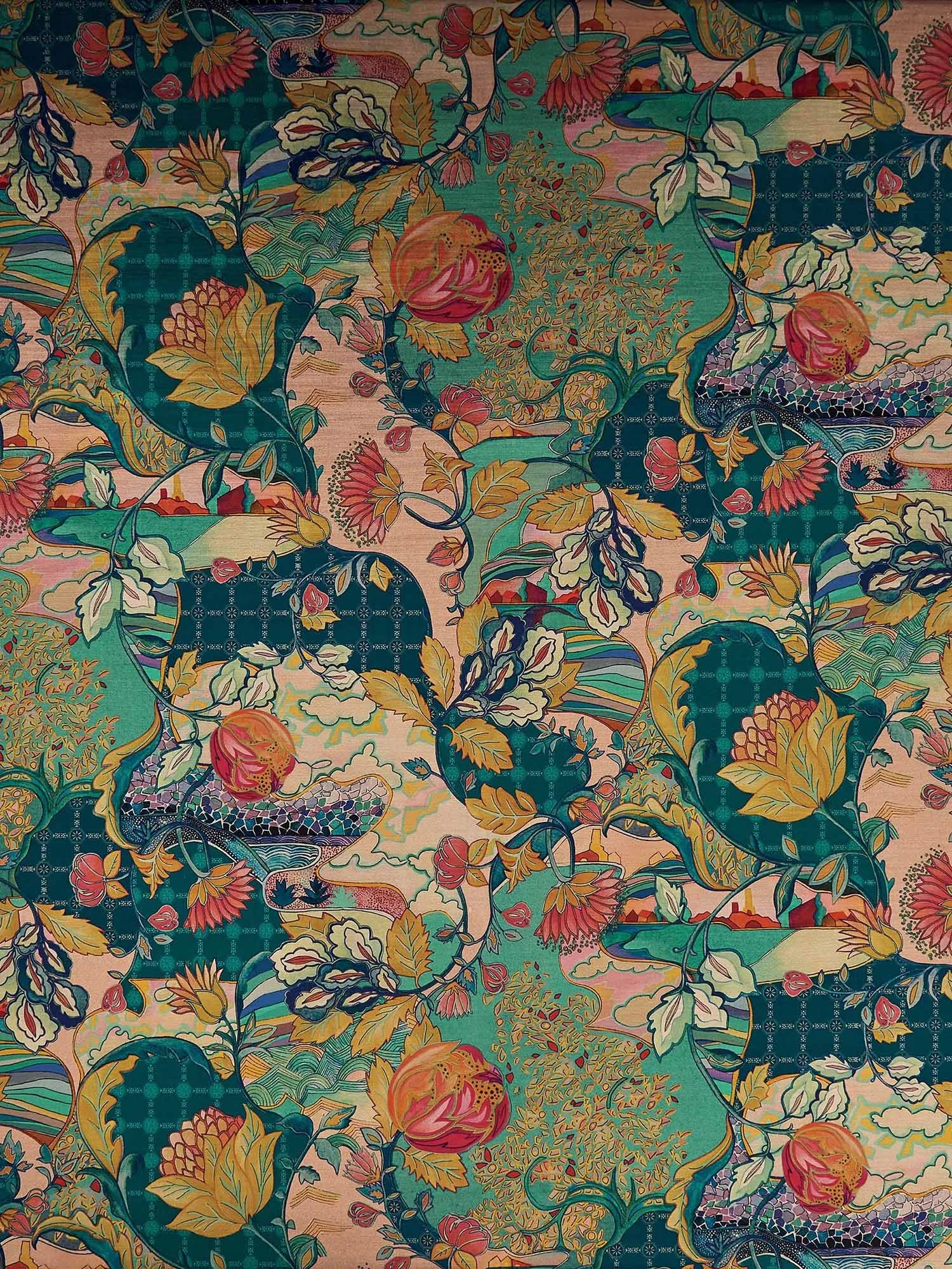Full pattern repeat of Mansfield Park Hartfield fabric in teal pink and gold floral design