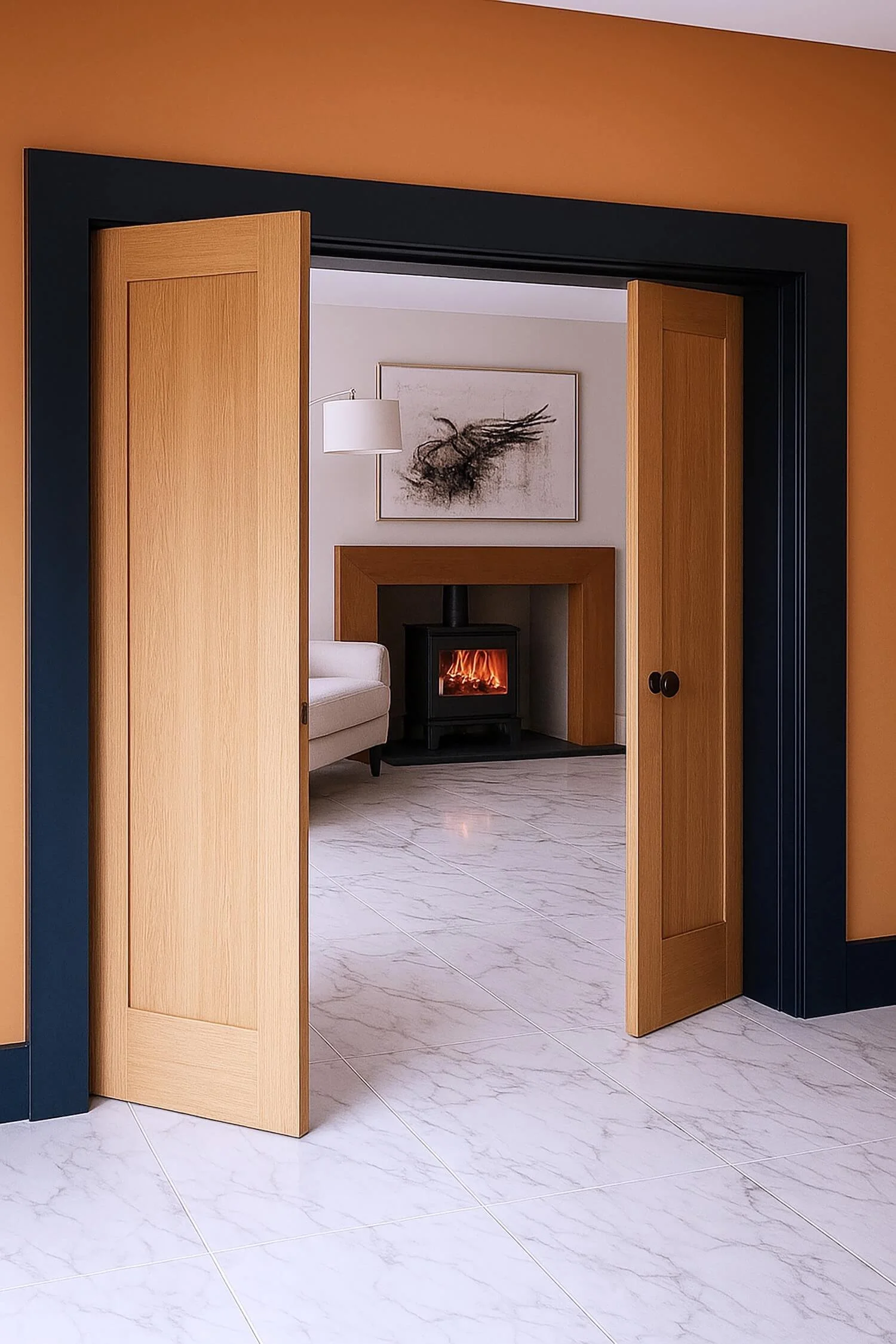 CGI hallway with oak double doors leading into living room with fire