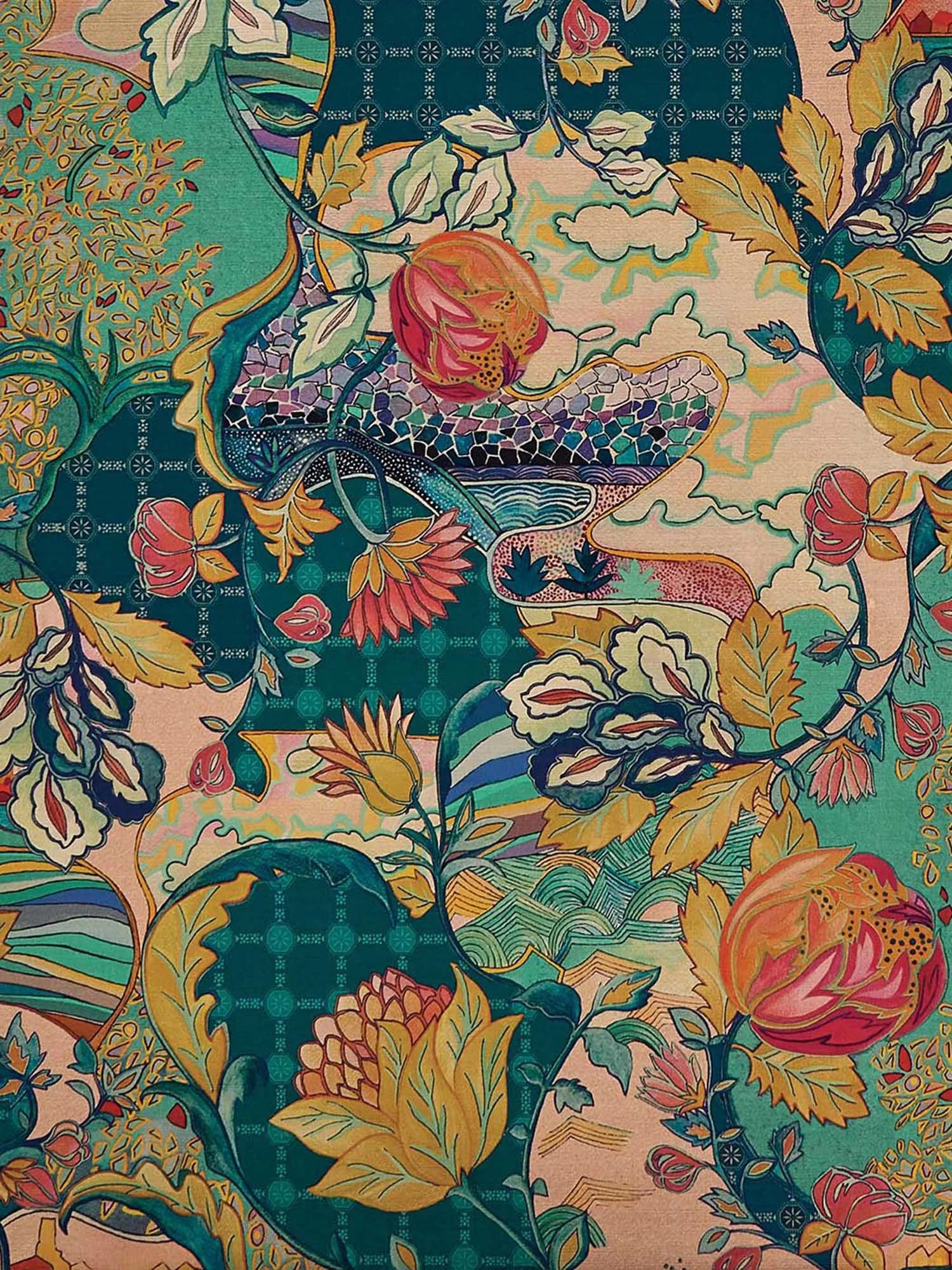 Close-up of Mansfield Park Hartfield fabric with detailed floral and bird motif