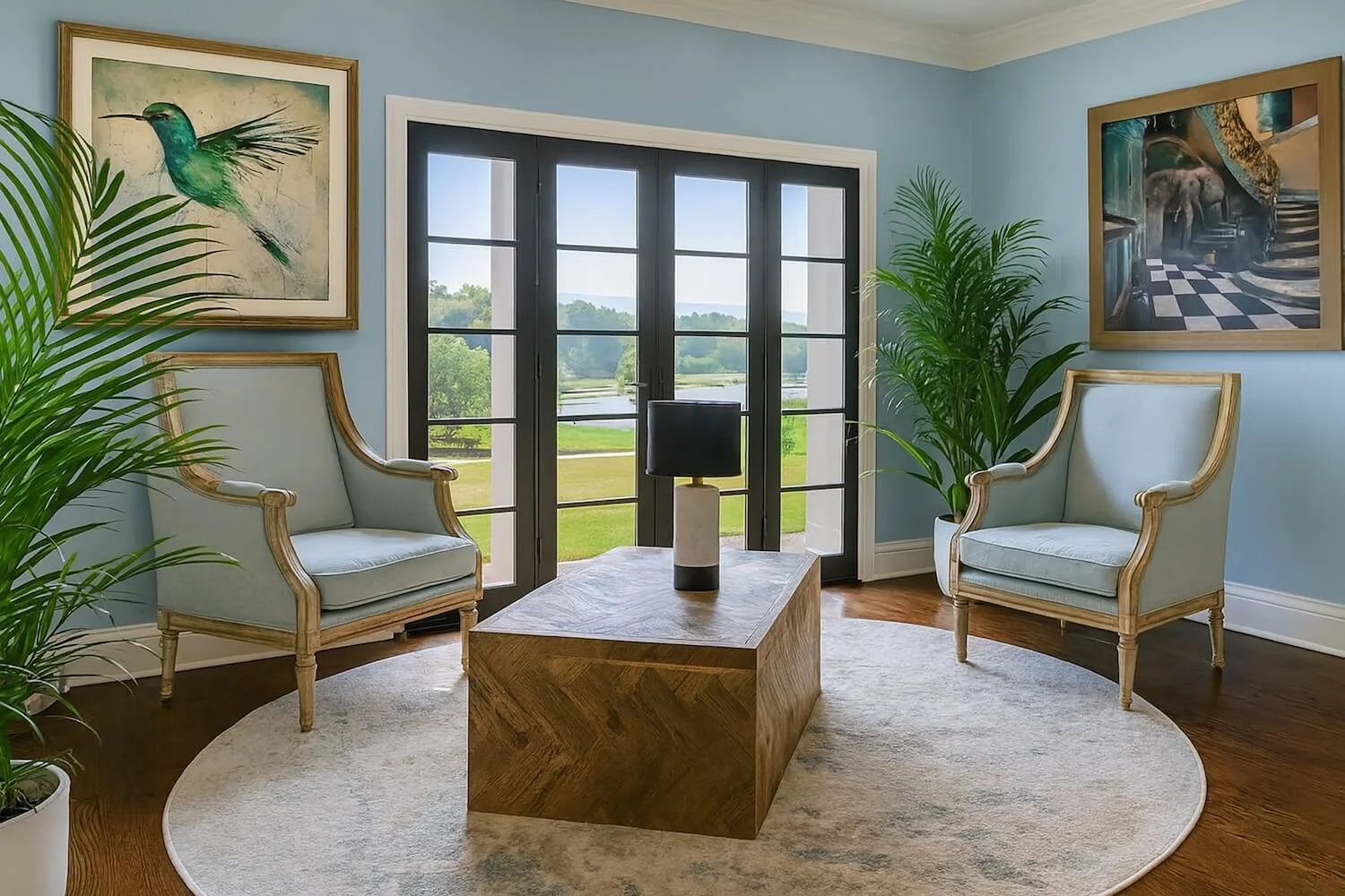 CGI family snug design with armchairs, artwork and warm lighting