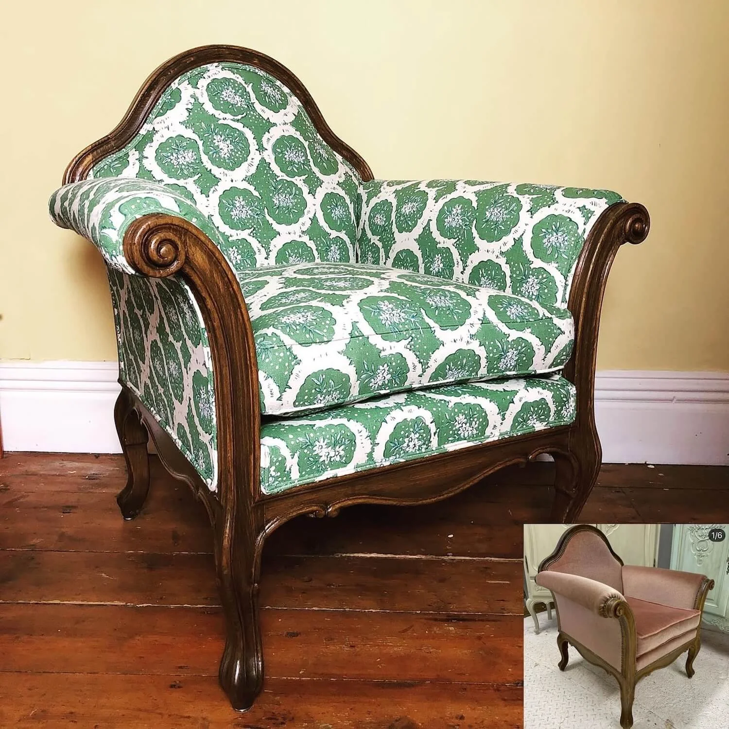 Vintage chair reupholstered in green patterned fabric
