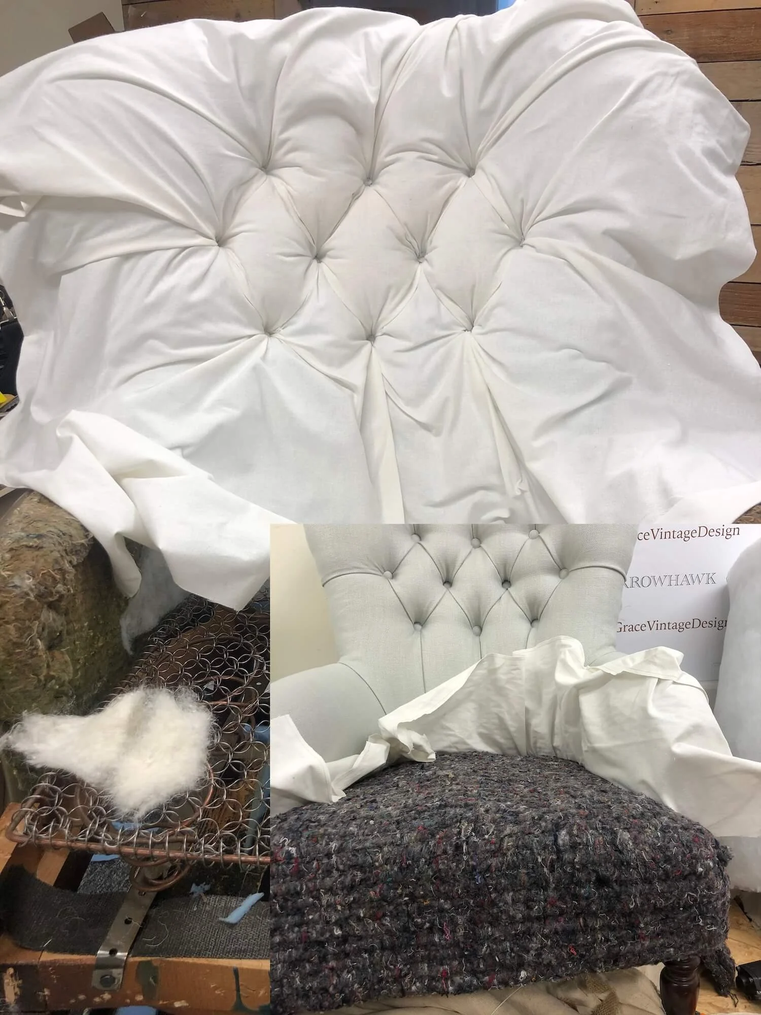 Hand-stitched webbing and hessian during traditional upholstery process