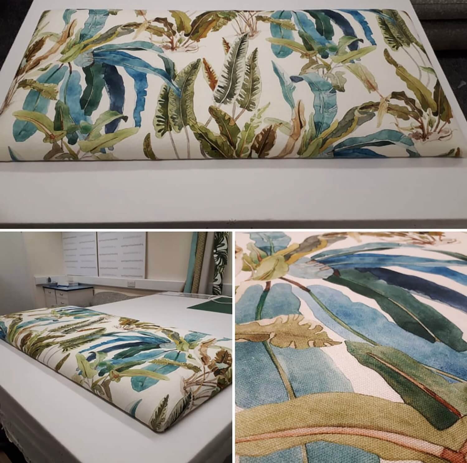 Close-up of botanical-patterned headboard fabric and upholstery detail