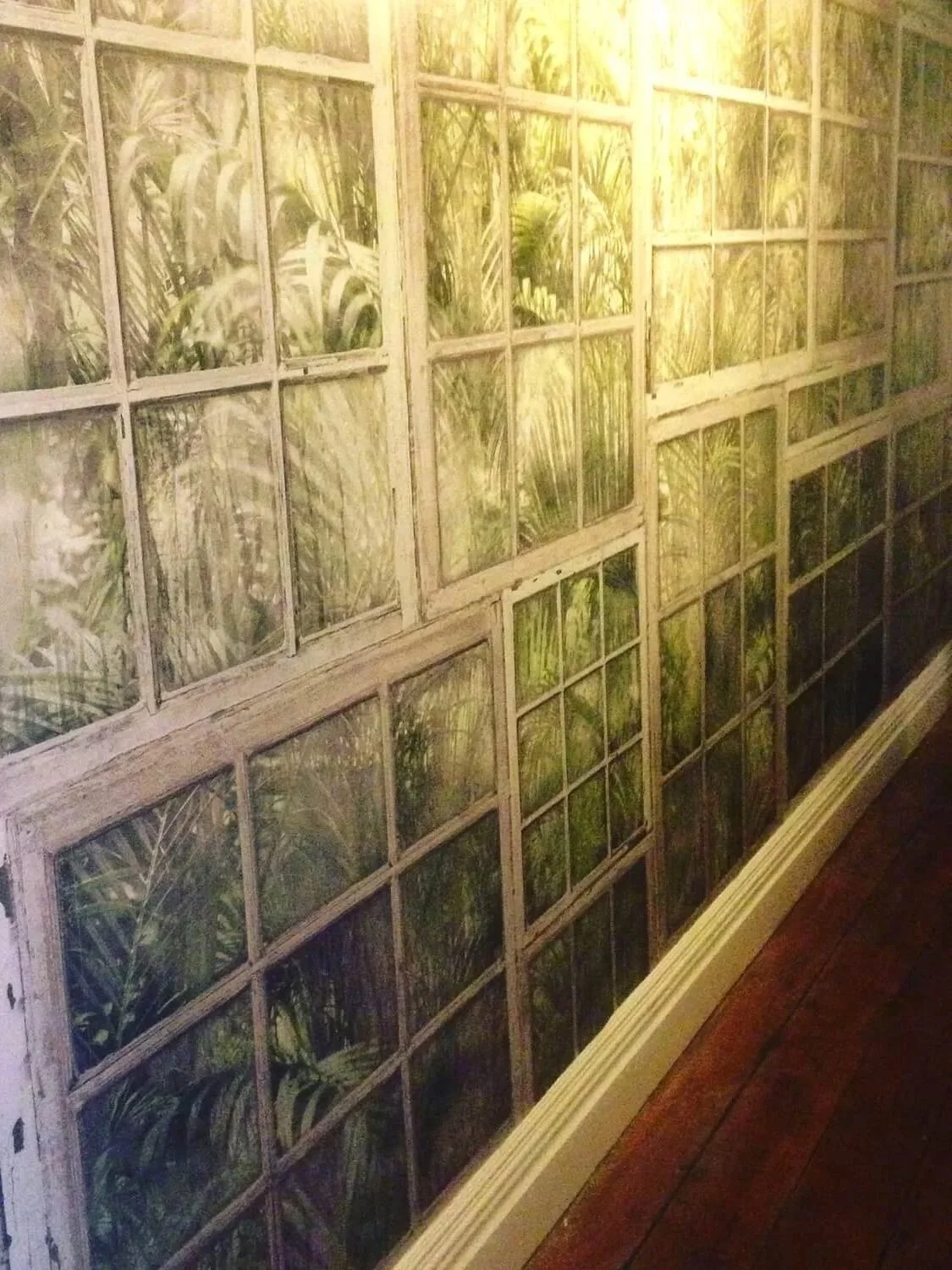 Hallway feature wall with botanical illusion wallpaper resembling greenhouse windows