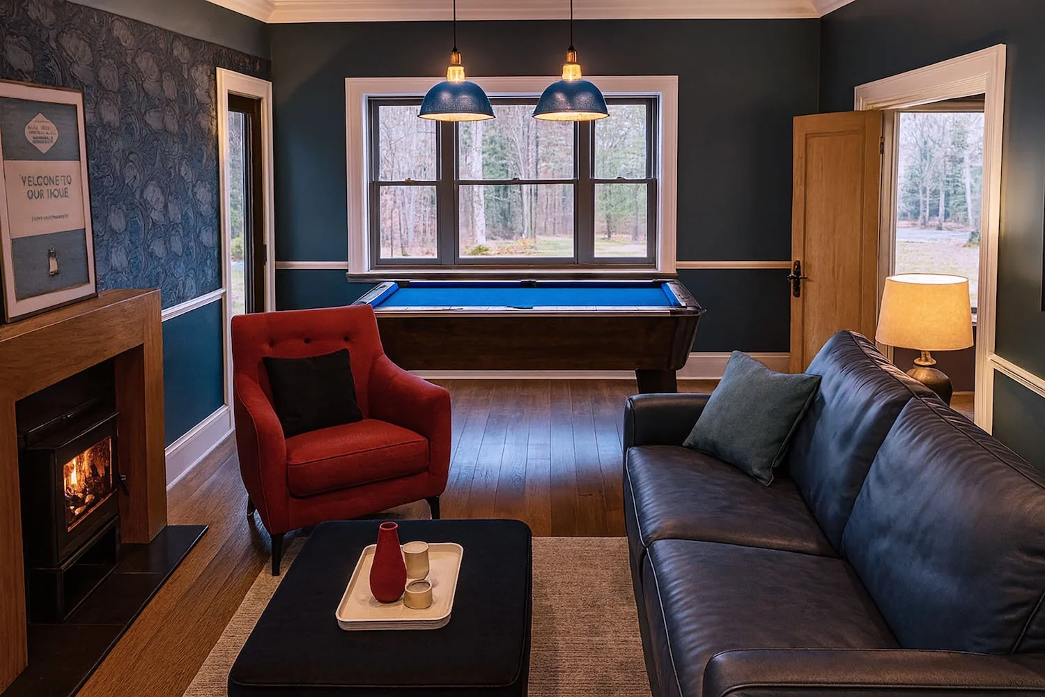 CGI living room design with pool table artwork and blue walls