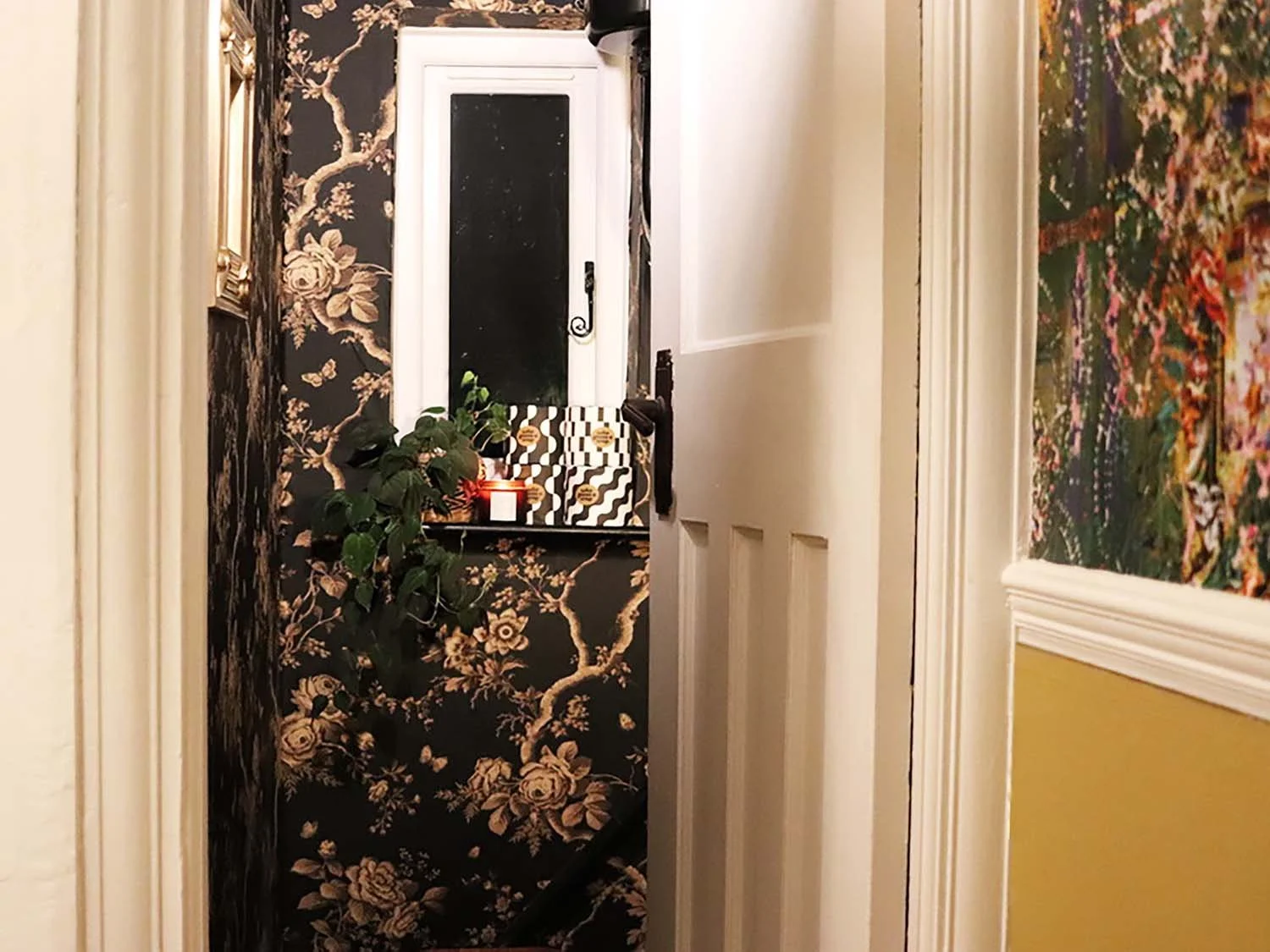 Cloakroom with dark botanical wallpaper, white door and small basin