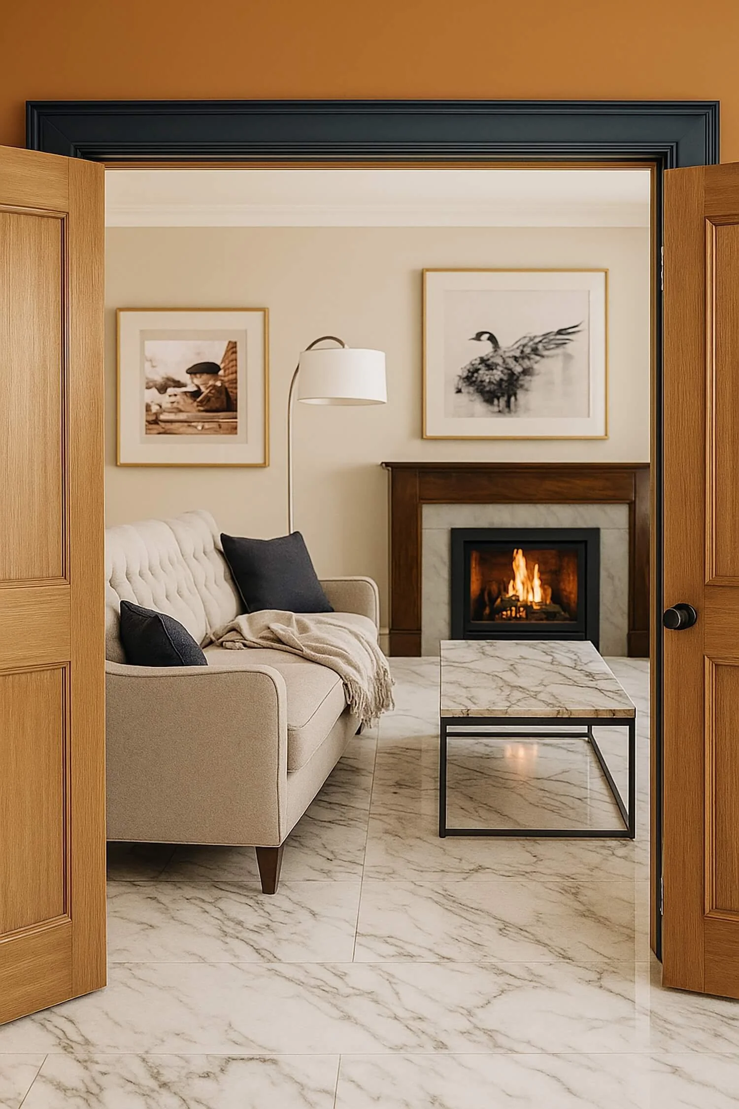 CGI hallway with oak sliding doors leading into snug