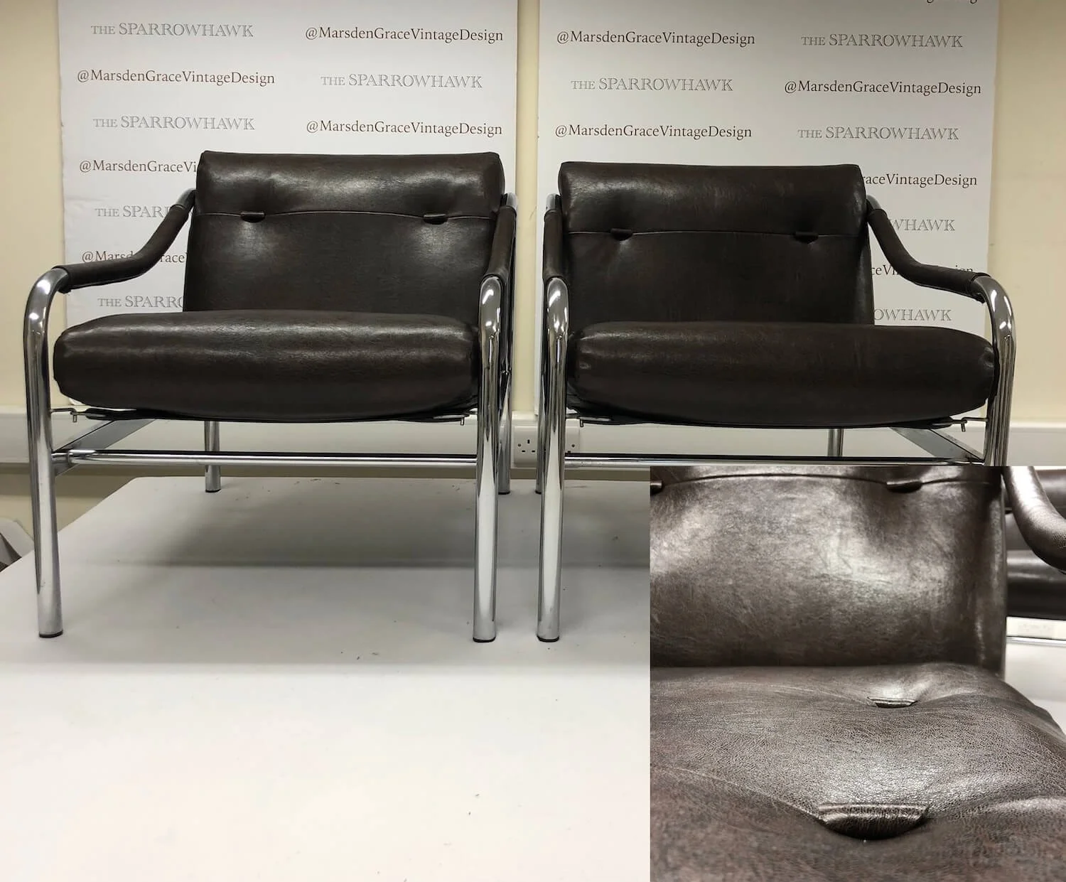 Modern armchair reupholstered in brown leather with chromearms