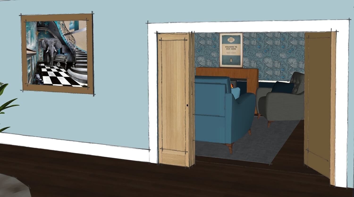 CGI view through hallway into living room with grey armchair