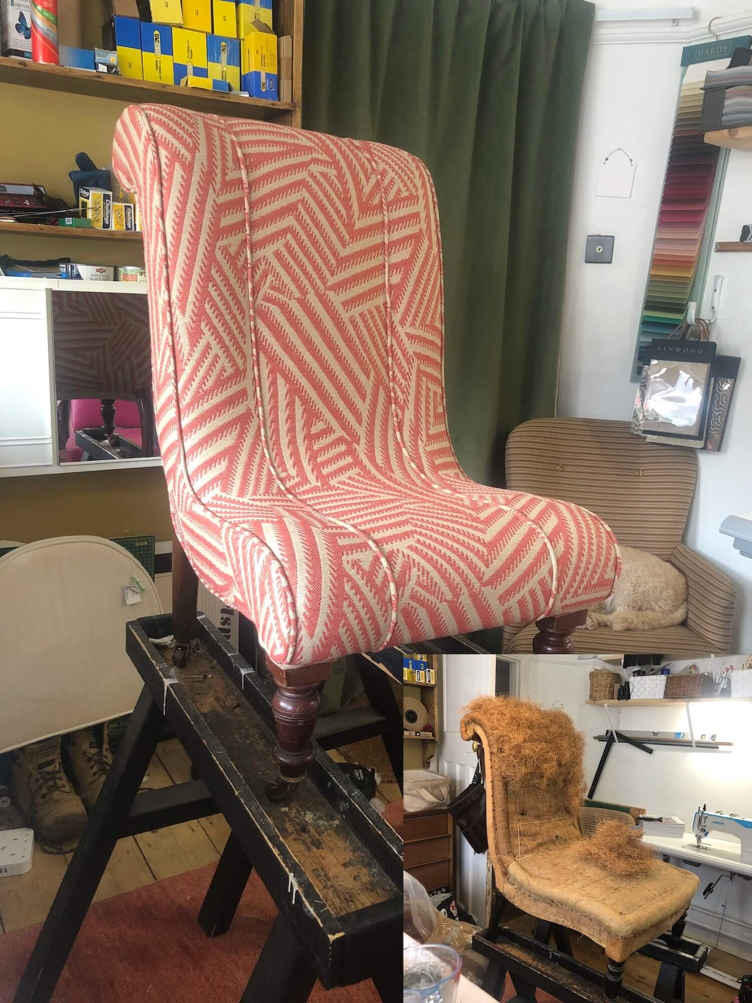 Vintage armchair reupholstered in coral patterned fabric
