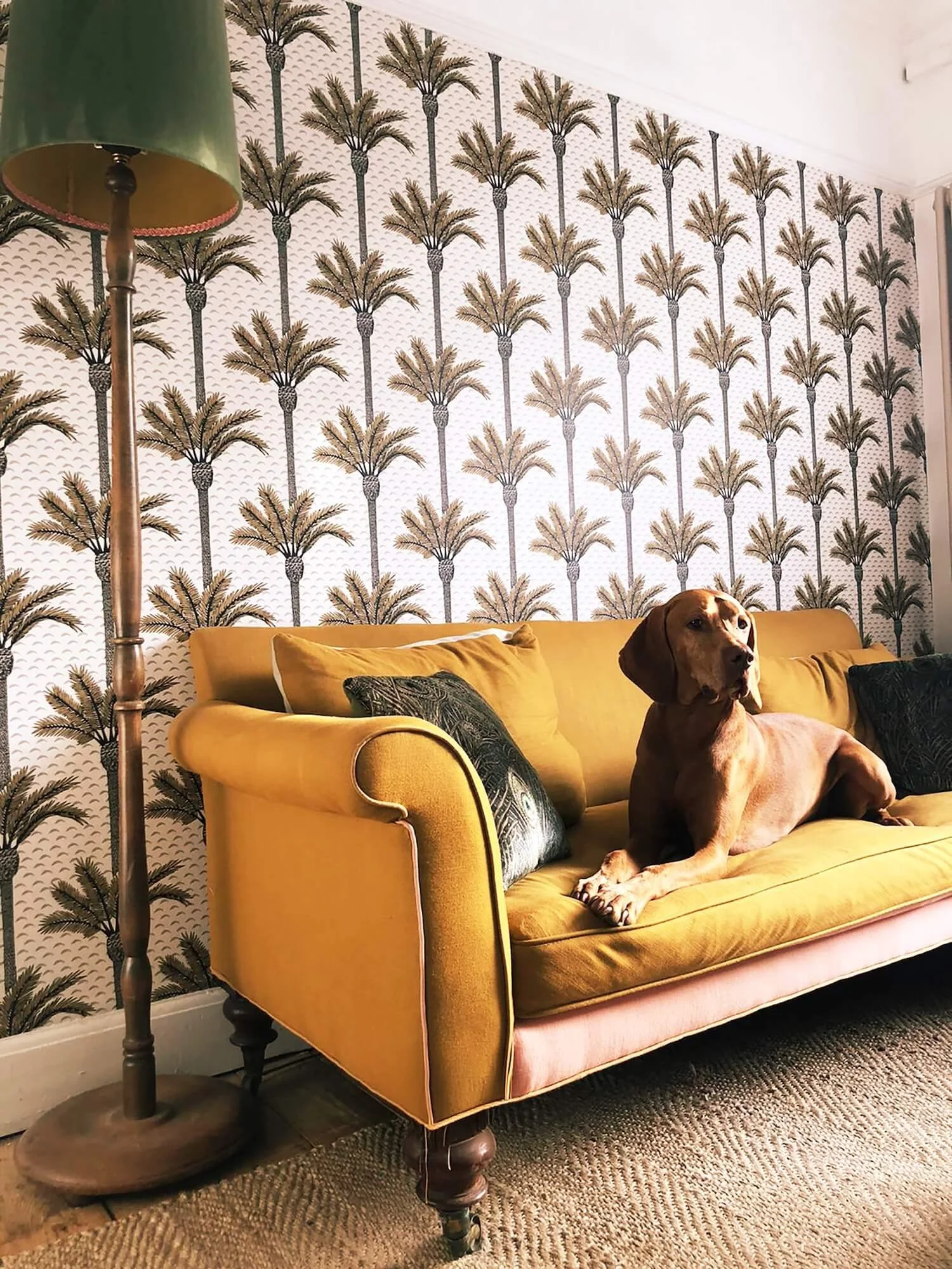 Living room with palm-pattern wallpaper, yellow sofa and dog resting