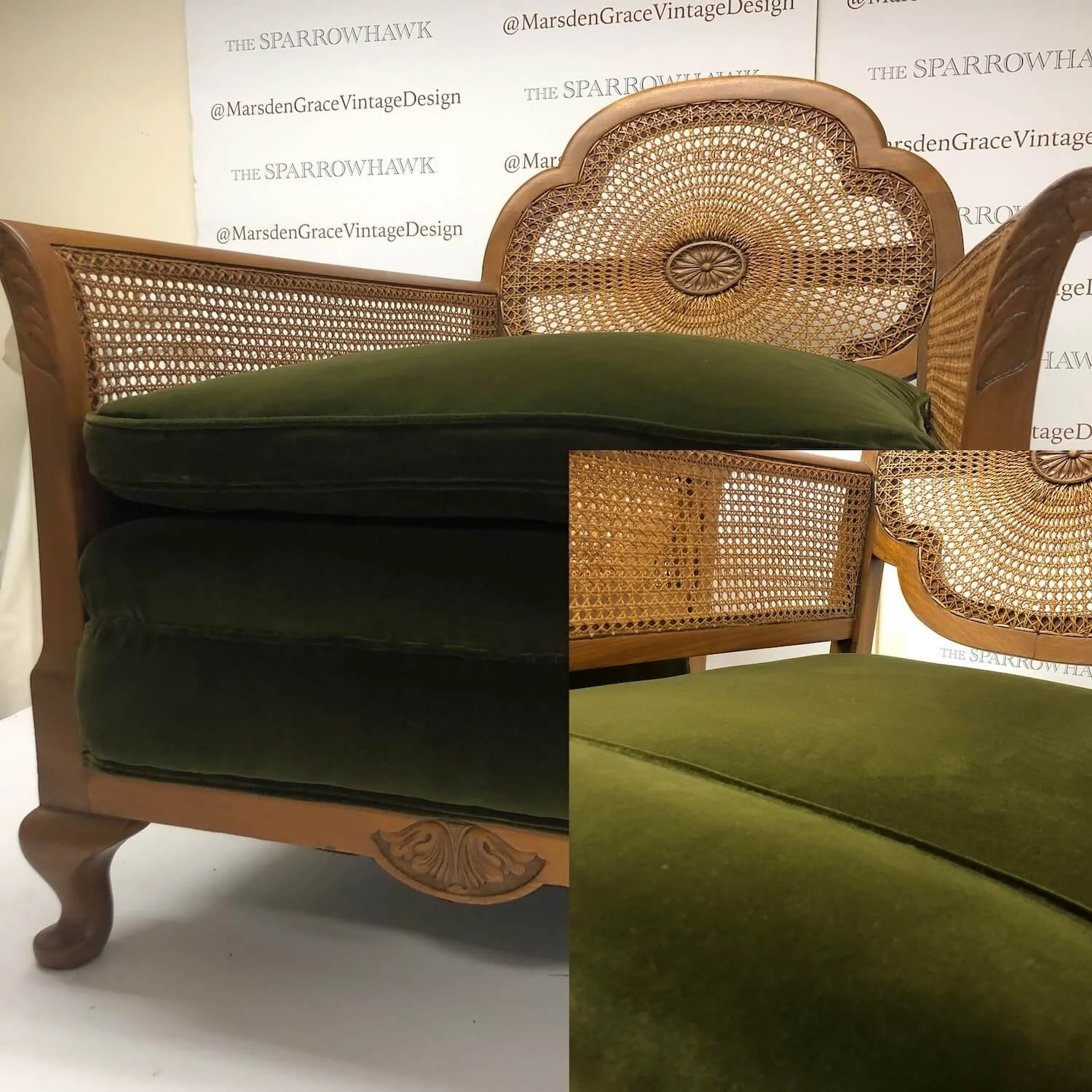 Close-up of cane chair with newly upholstered green seat cushion
