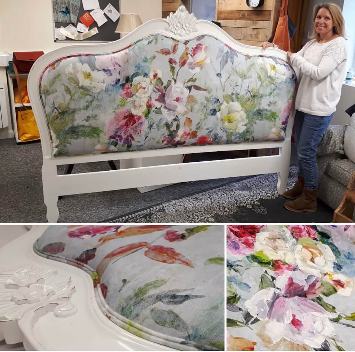 Floral painted-style upholstered headboard held by tina wallis of marsden grace interiors, with fabric close-ups