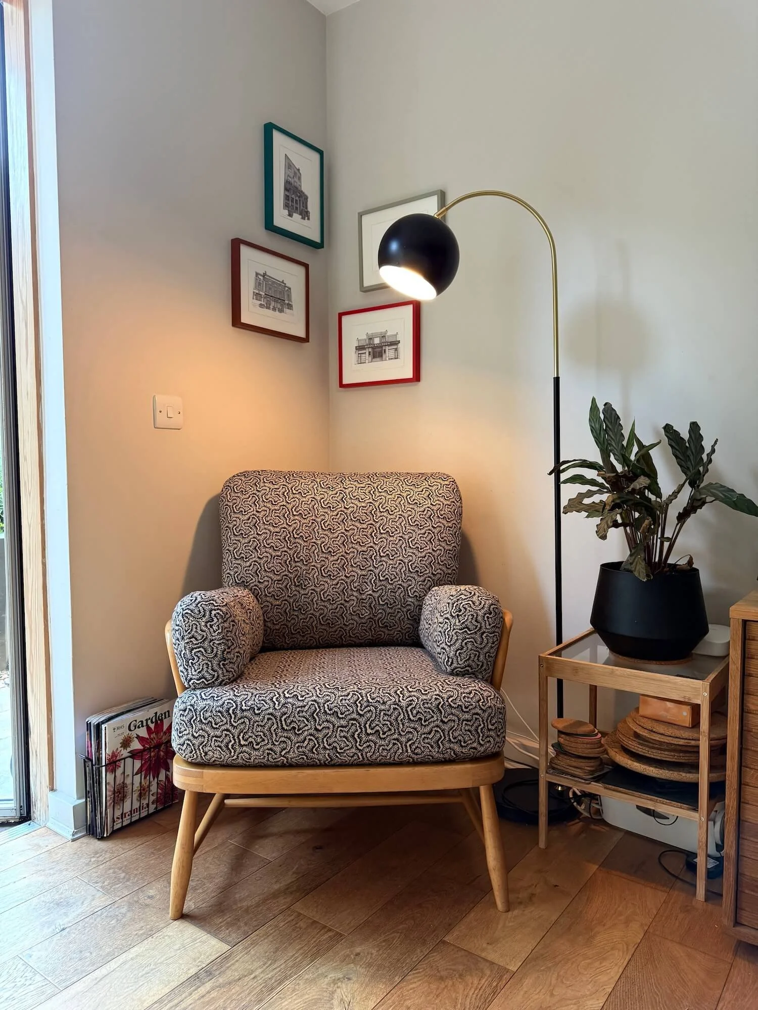 Grey patterned armchair in contemporary living room