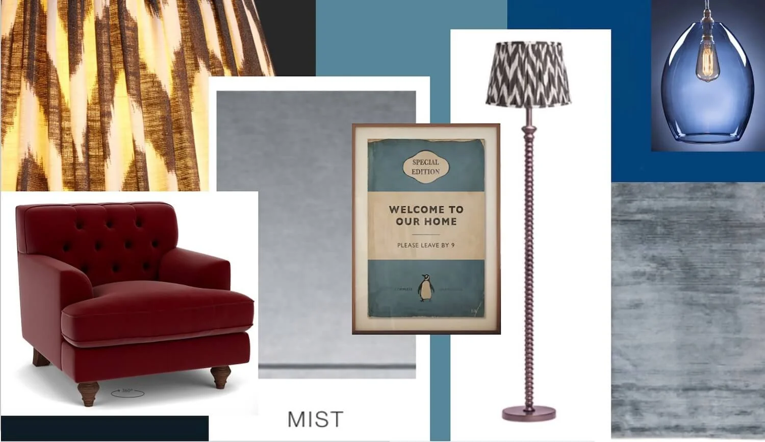 Interiors mood board with ikat fabric sample and red armchair and glass light