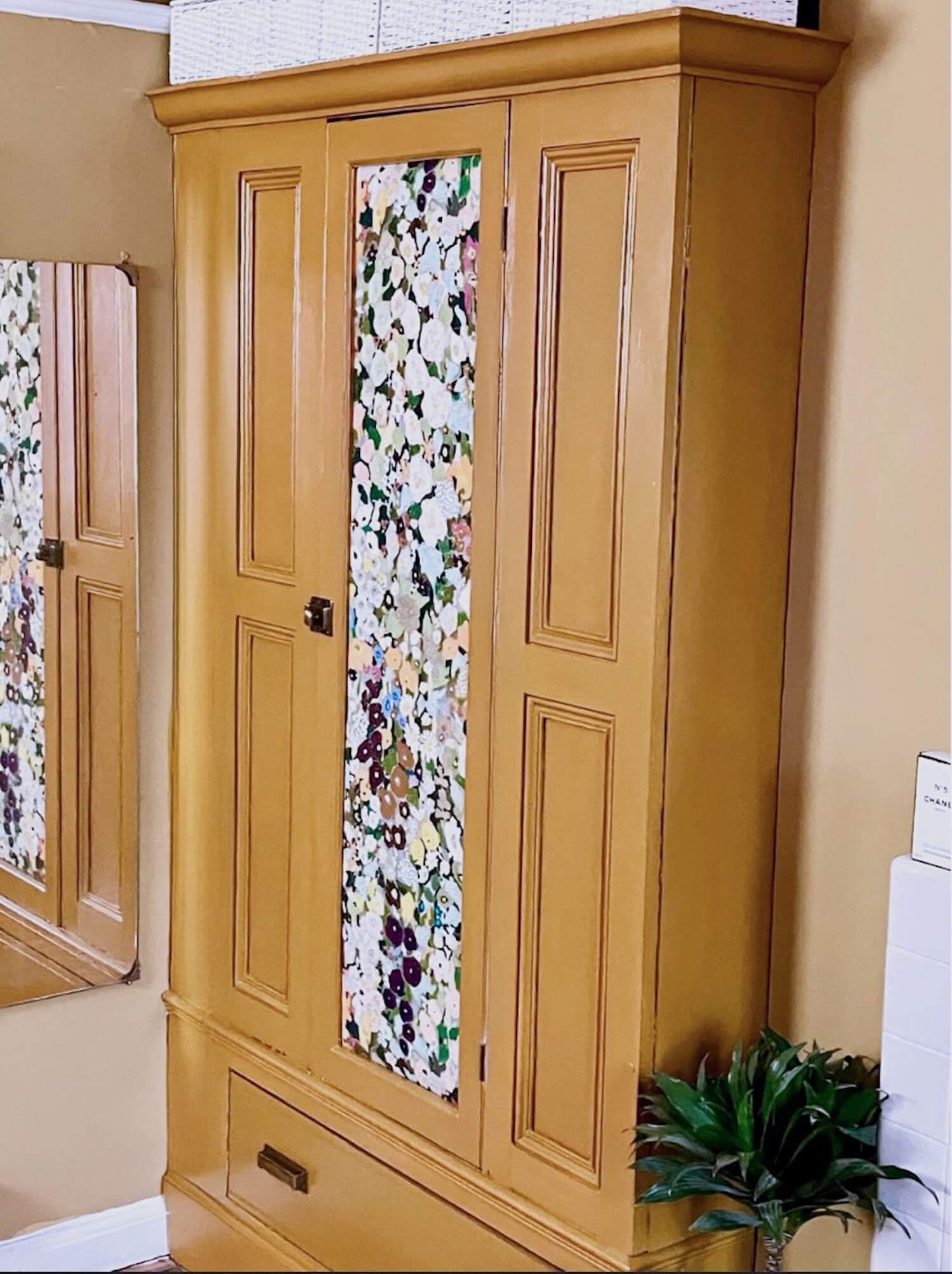 Tall wardrobe with patterned door panel and plant in pot