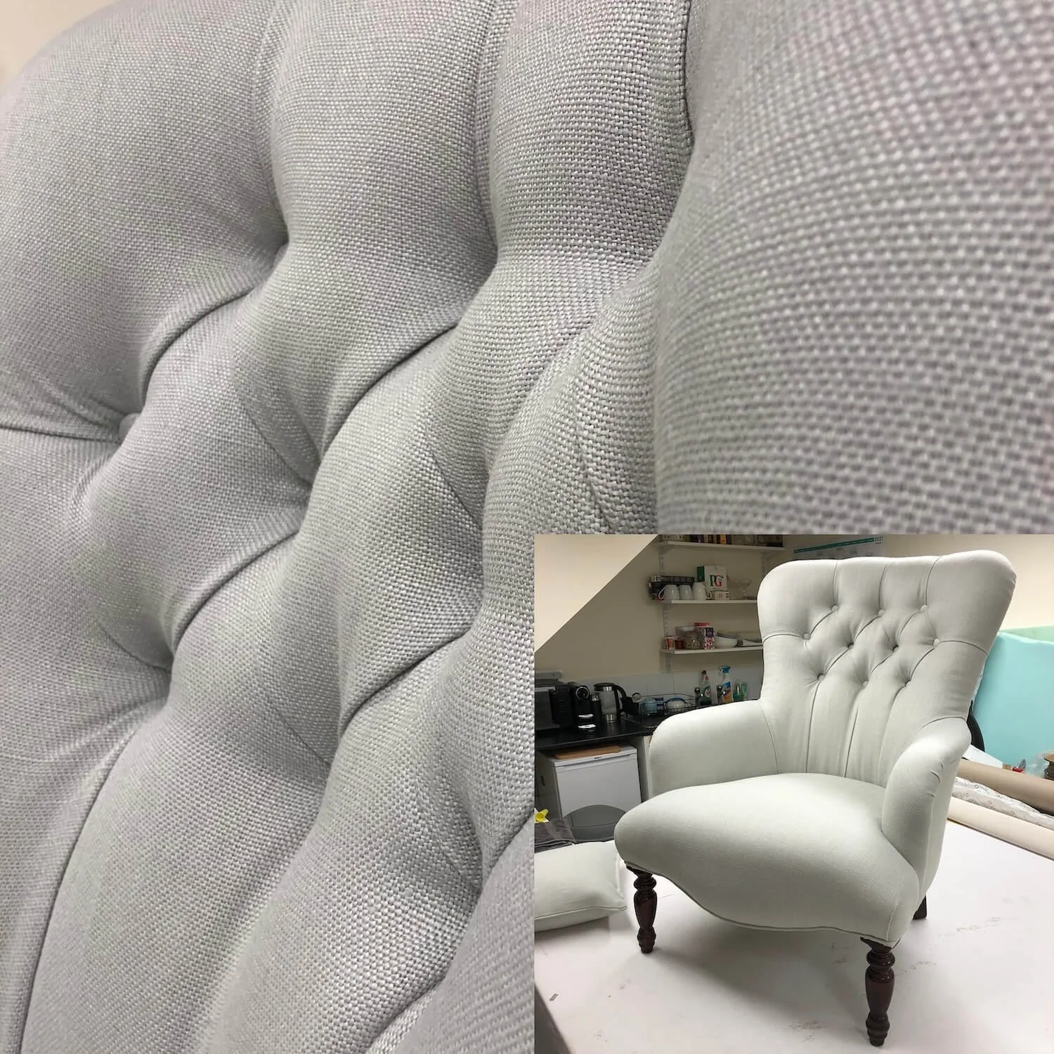 Buttoned backrest in soft grey fabric with tufting detail