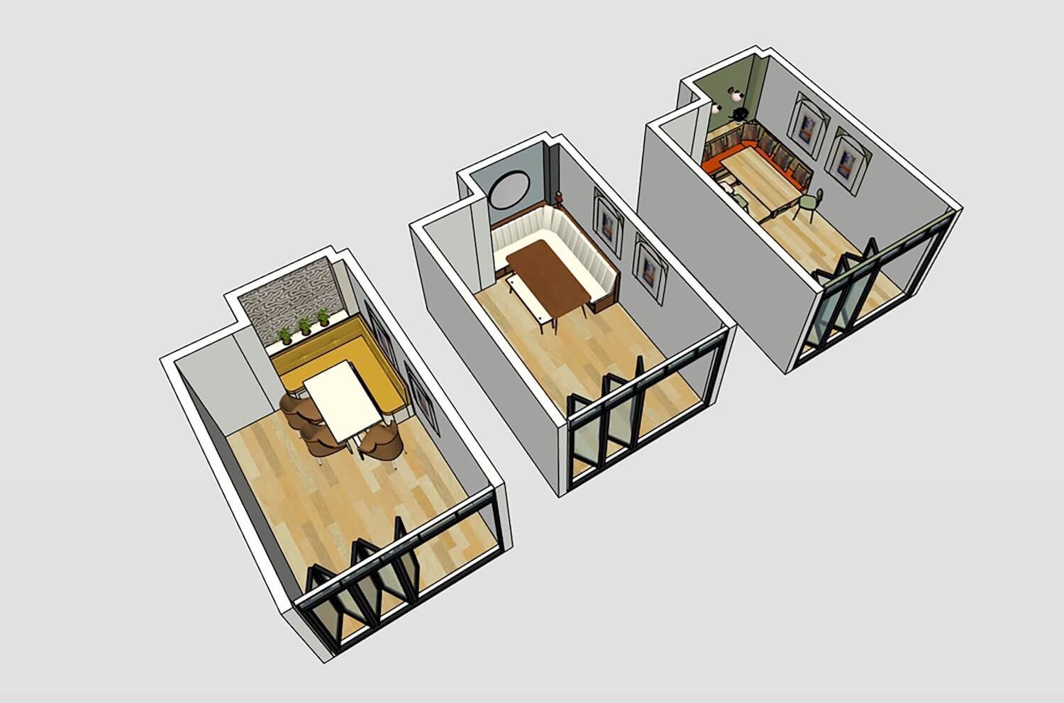 3D layout plans showing room configurations with bespoke banquette designs