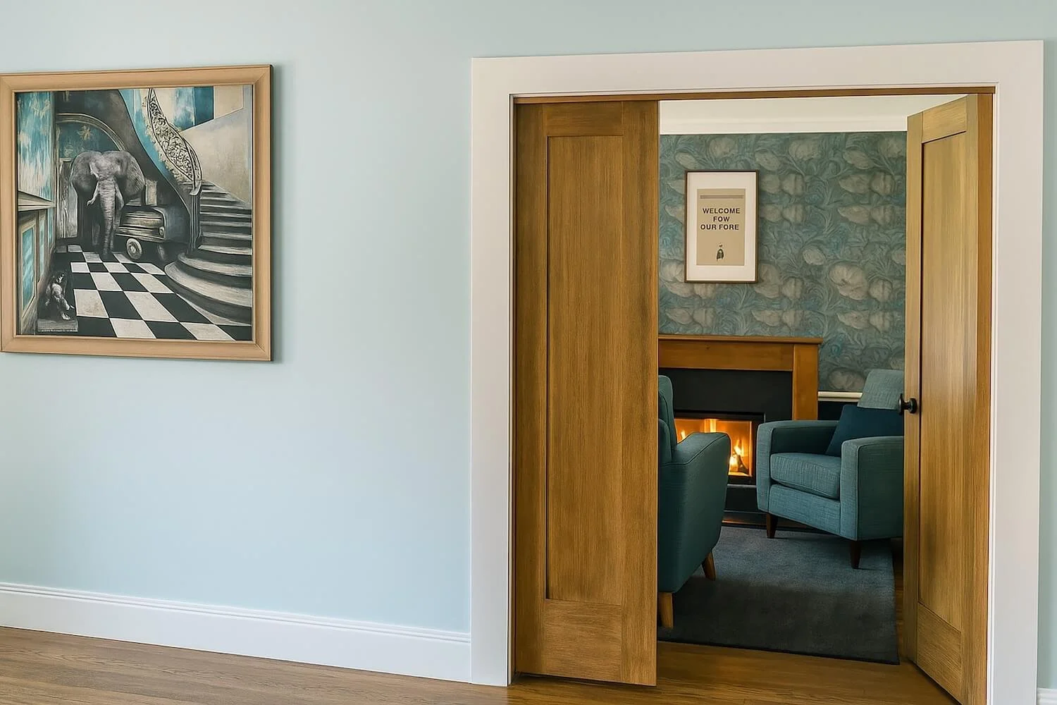 CGI snug with fireplace, armchair and artwork