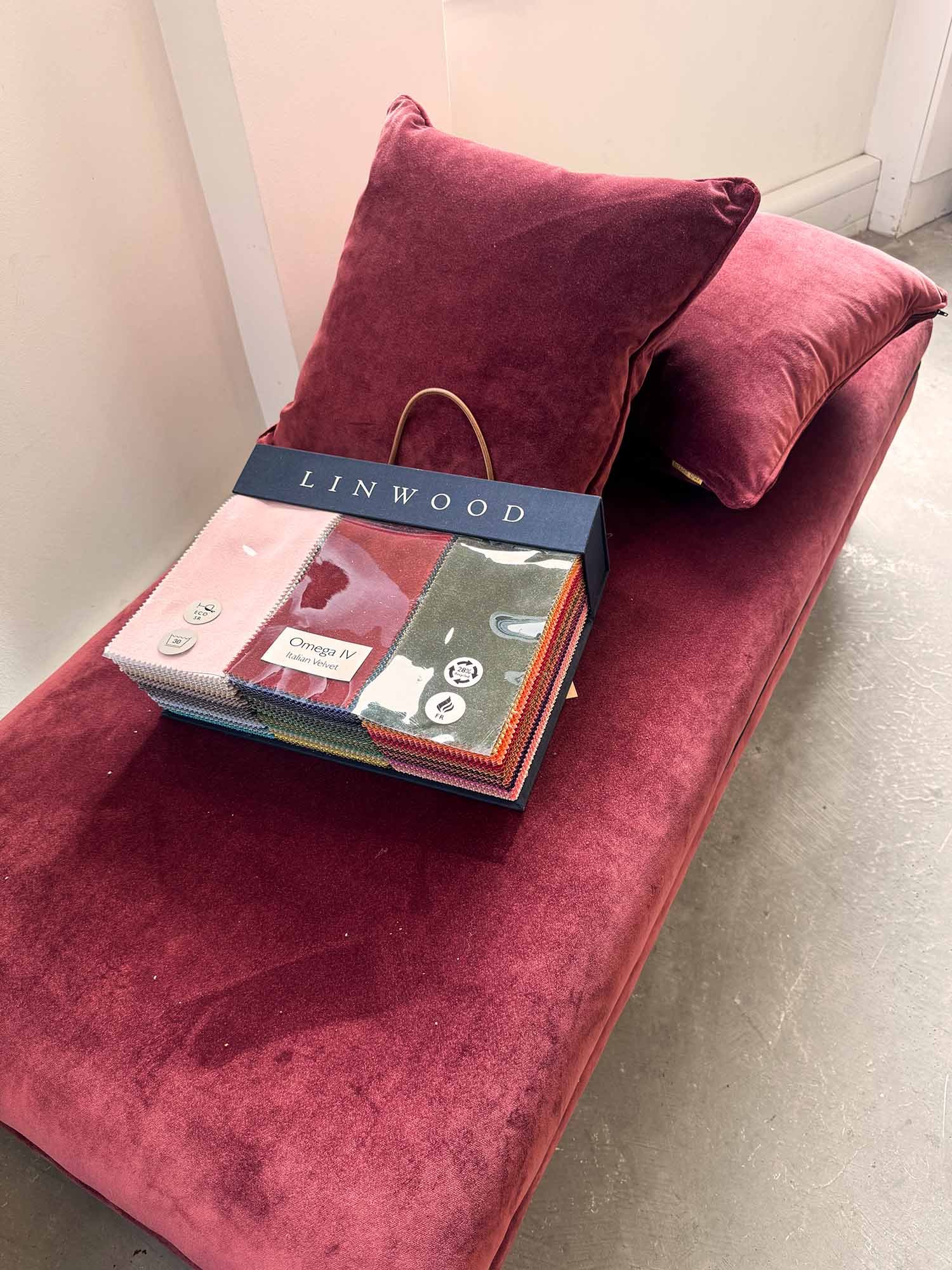 Henry footstool with matching cushions and Linwood fabric book