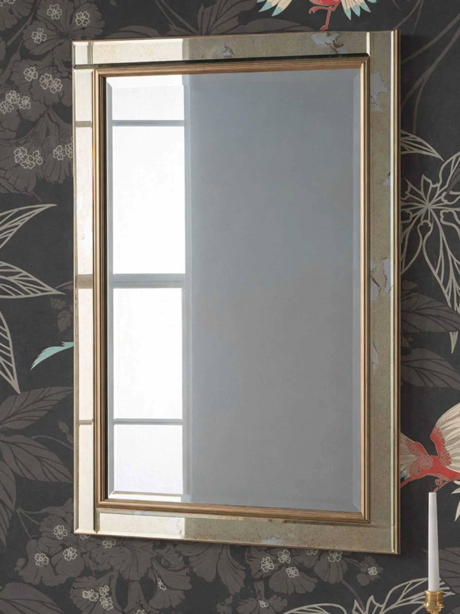 Antique gold wall mirror on black wallpaper with a paradise bird design