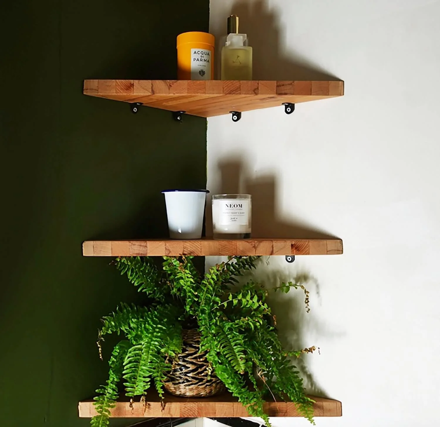 Green wall with floating shelves, plants and ceramic pieces