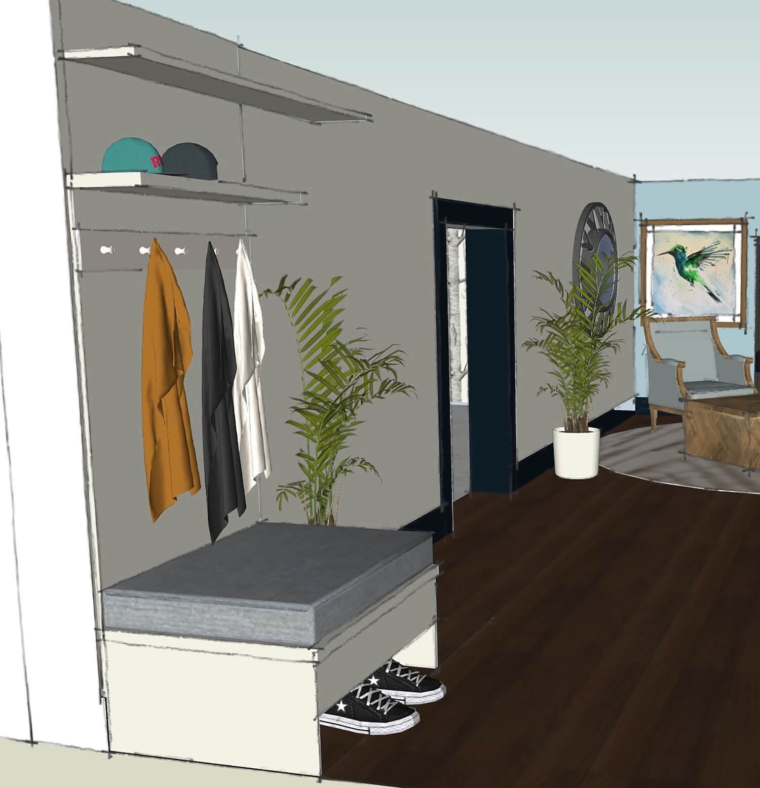 CGI entrance area design with coat hooks, bench seat and plants