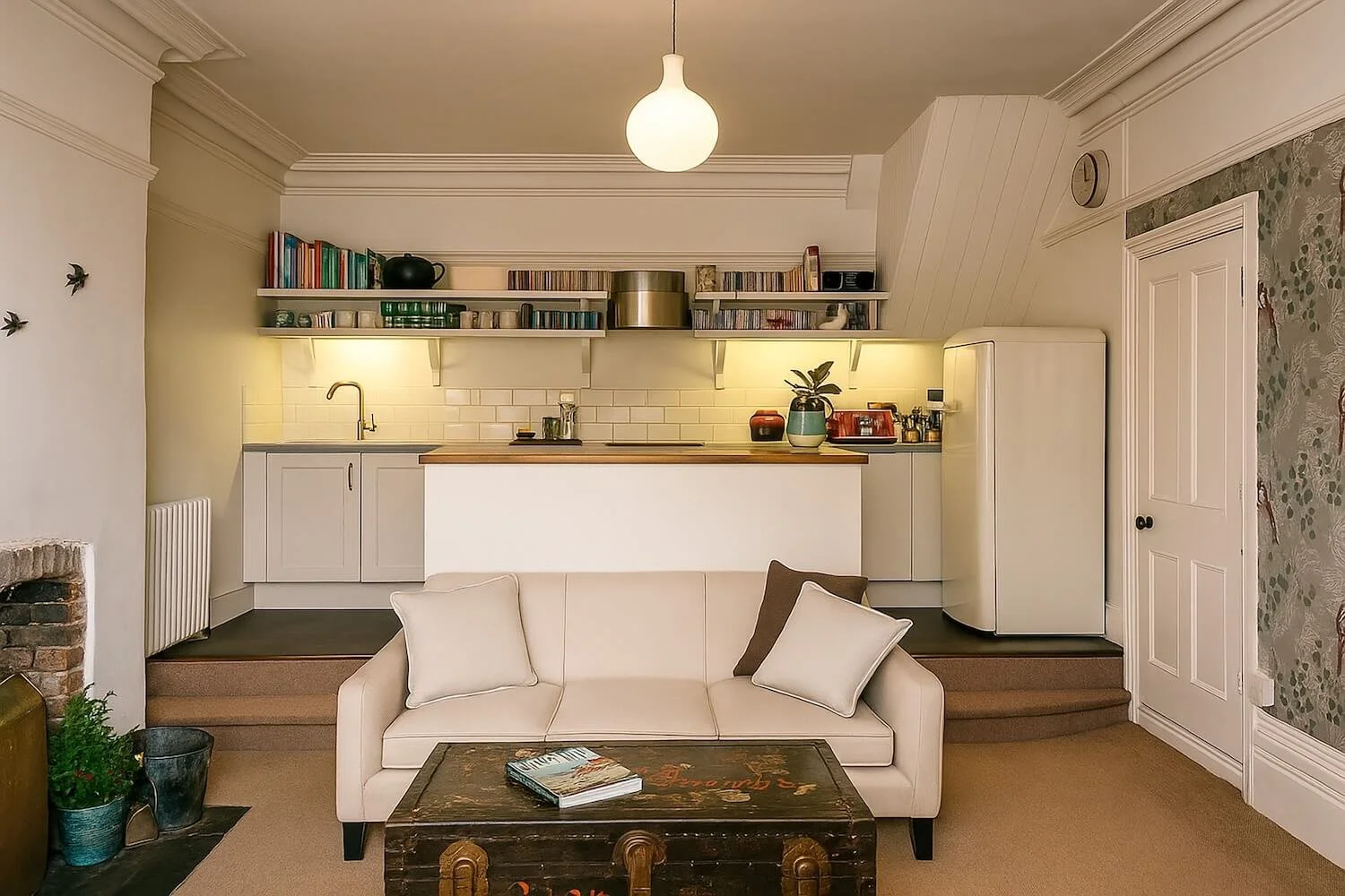 Open-plan  white kitchen and living area with cream sofa
