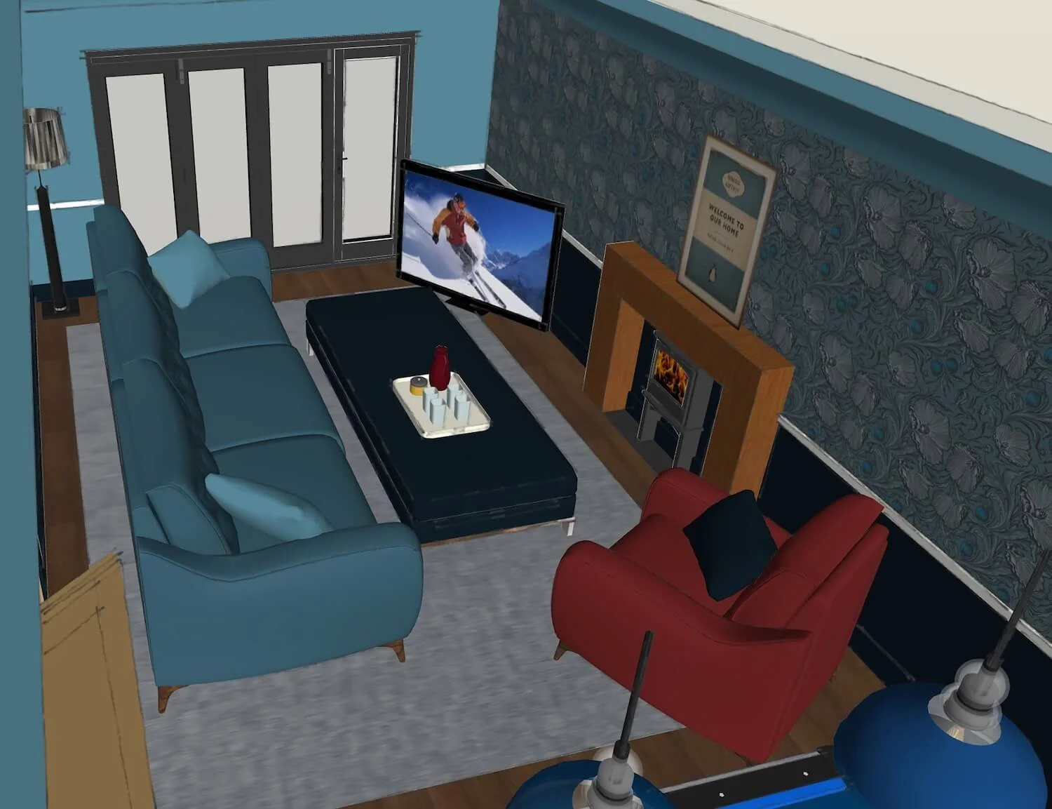 CGI top-down visual of living room layout with seating and TV