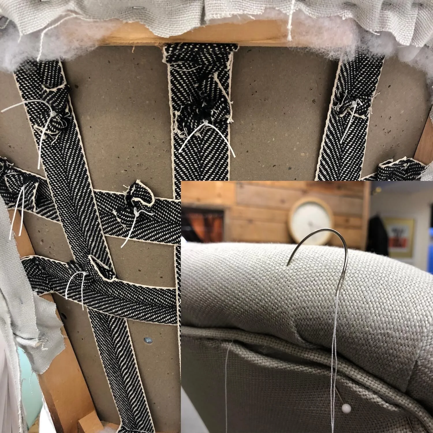Unfinished upholstery showing natural fillings, webbing and calico