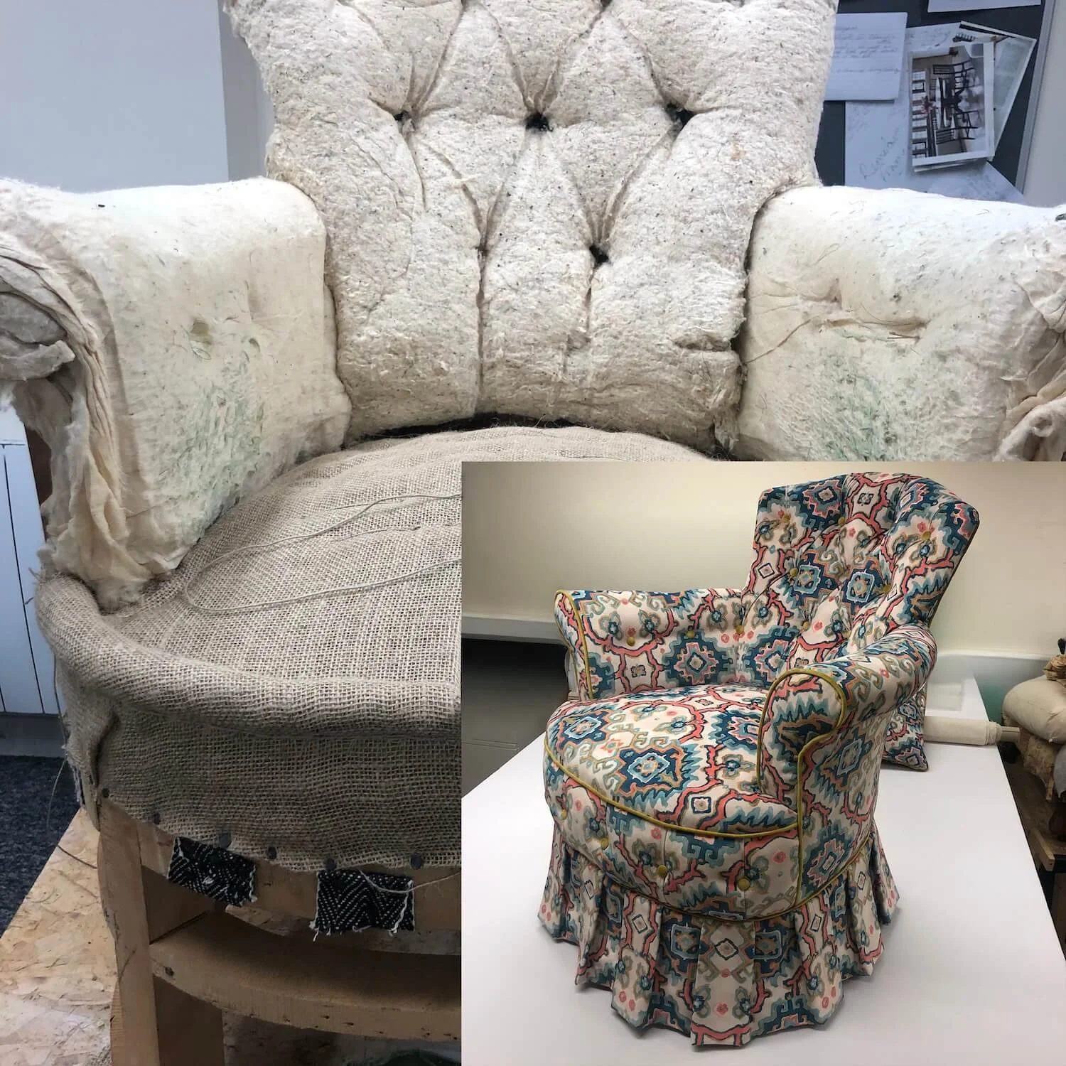 Restoration process on curved back chair including new fillings