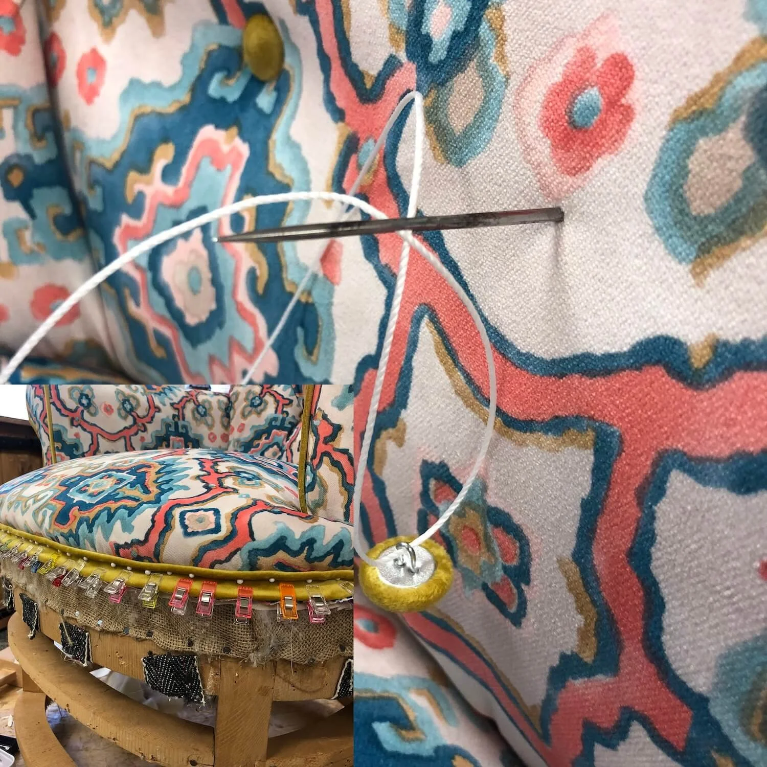 Close-up of patterned fabric on restored armchair with decorative trim