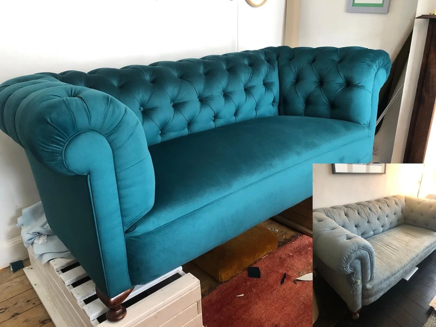 Teal velvet Chesterfield sofa after full traditional reupholstery