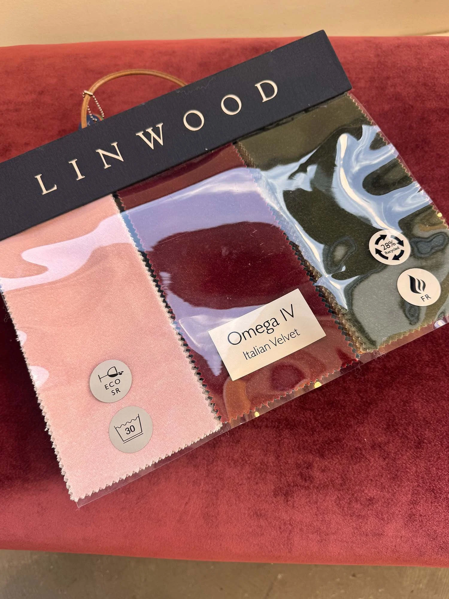Close up of the top of the Linwood Fabric book of Omega IV