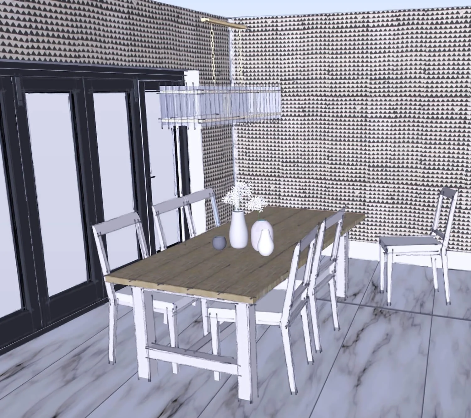 CGI dining space design with patterned wallpaper and oak dining table