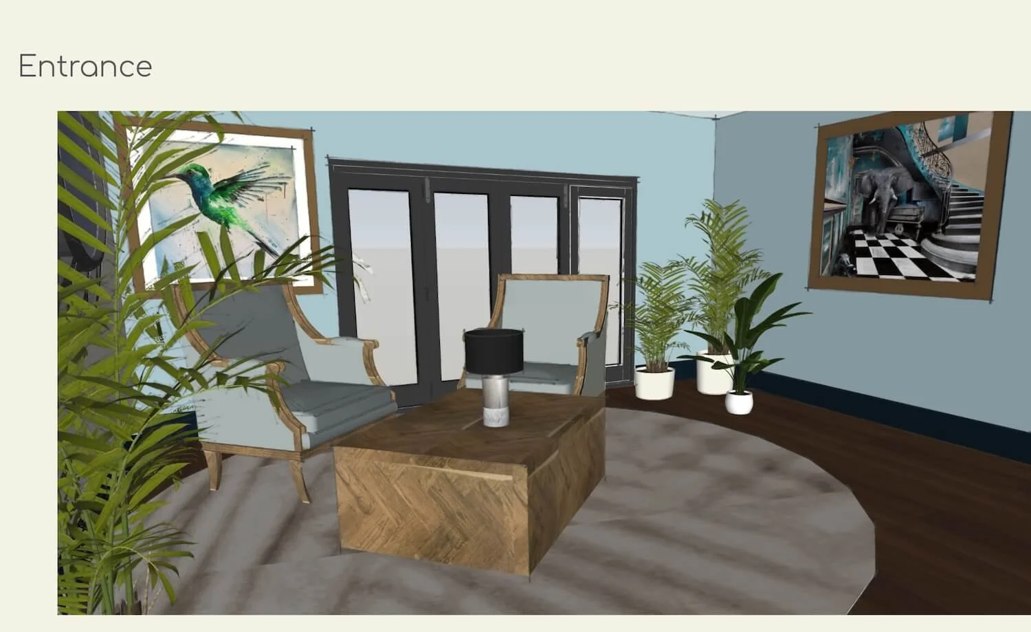 CGI visual of entrance hallway with marble floor and seating area