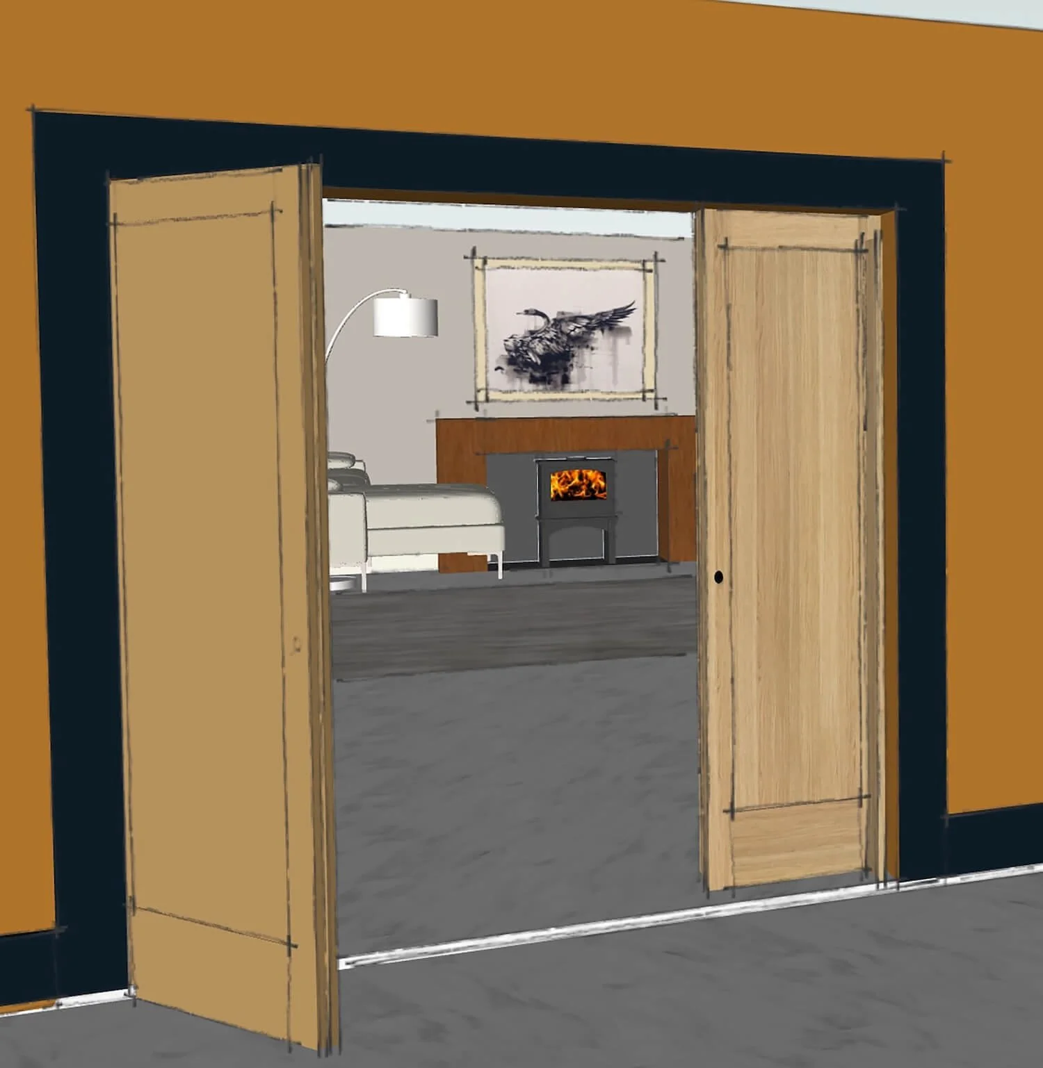 CGIoak sliding doors leading into snug