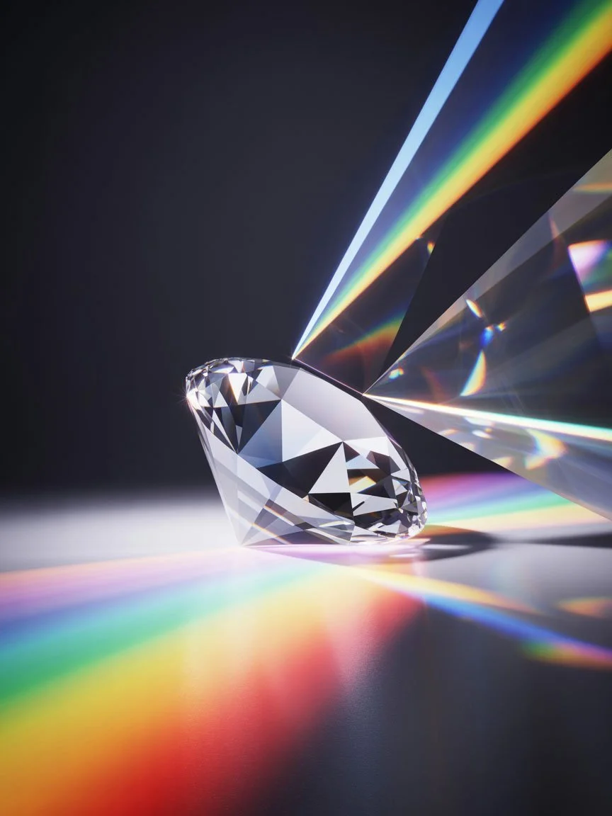 Ein funkelnder Diamant auf einer dunklen Oberfläche, der von Lichtstrahlen in Regenbogenfarben durchstrahlt wird.