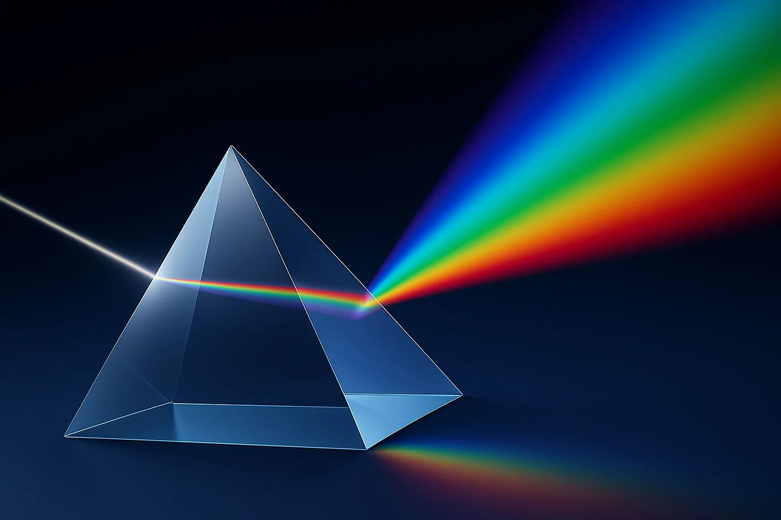 Ein prismaähnliches Kristall, durch das ein weißer Lichtstrahl tritt und in einen bunten Regenbogen aufgespalten wird, auf dunklem Hintergrund.