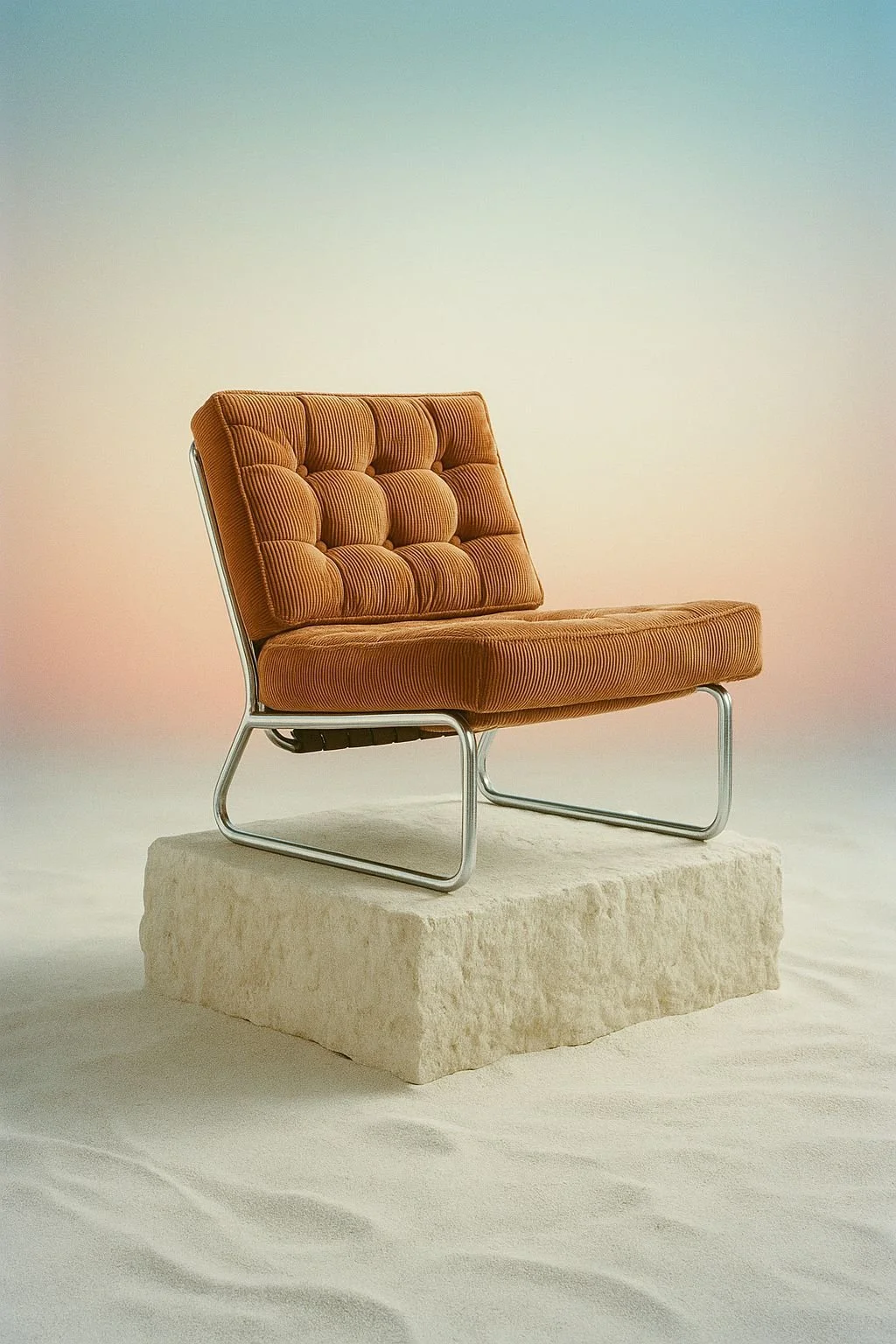 A vintage orange upholstered chair with tufted cushions, sitting on a white textured platform, against a softly gradient pastel background.