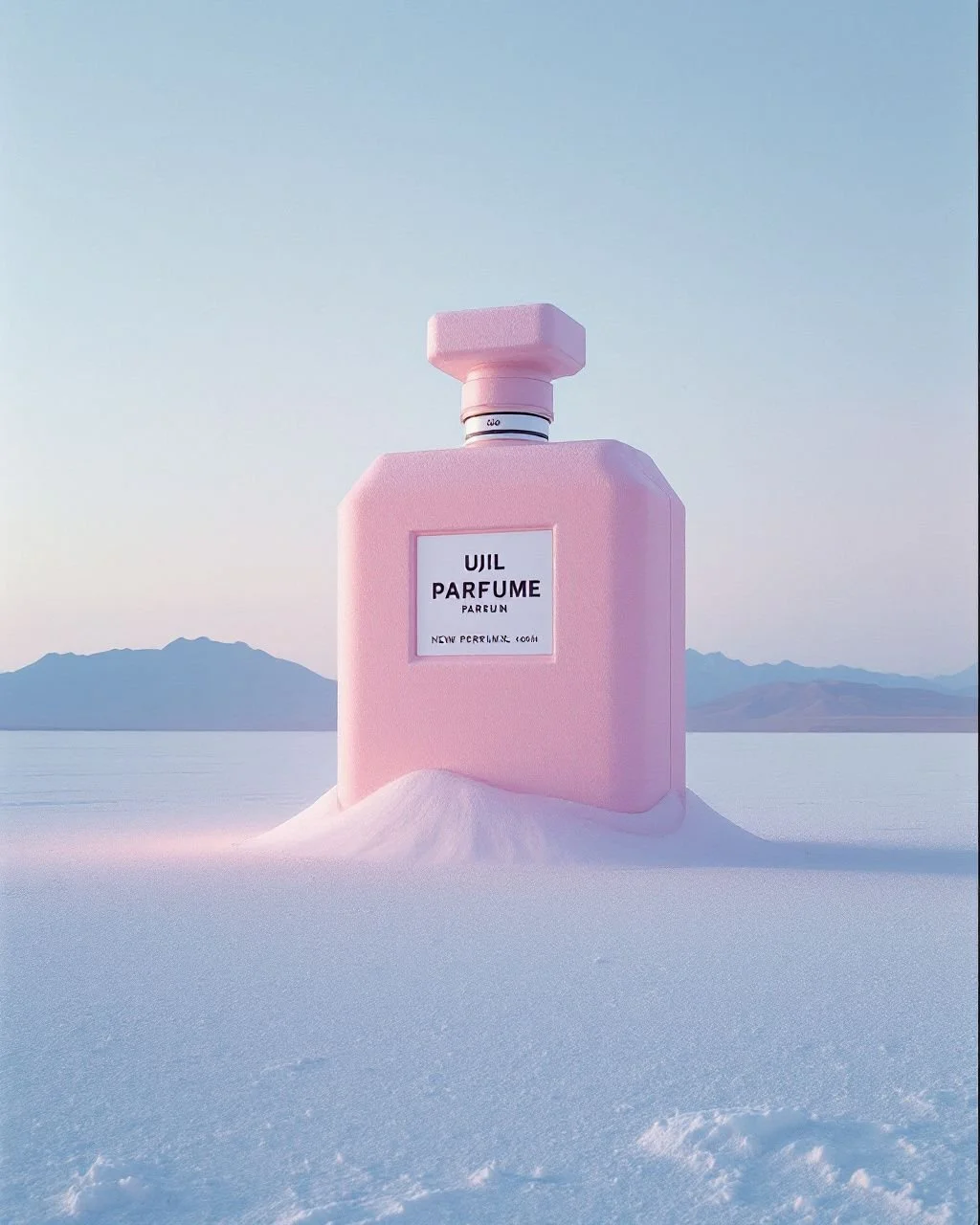 A large pink perfume bottle labeled 'Uil Parfume' is outdoors on snow, with mountains in the distance under a clear sky.